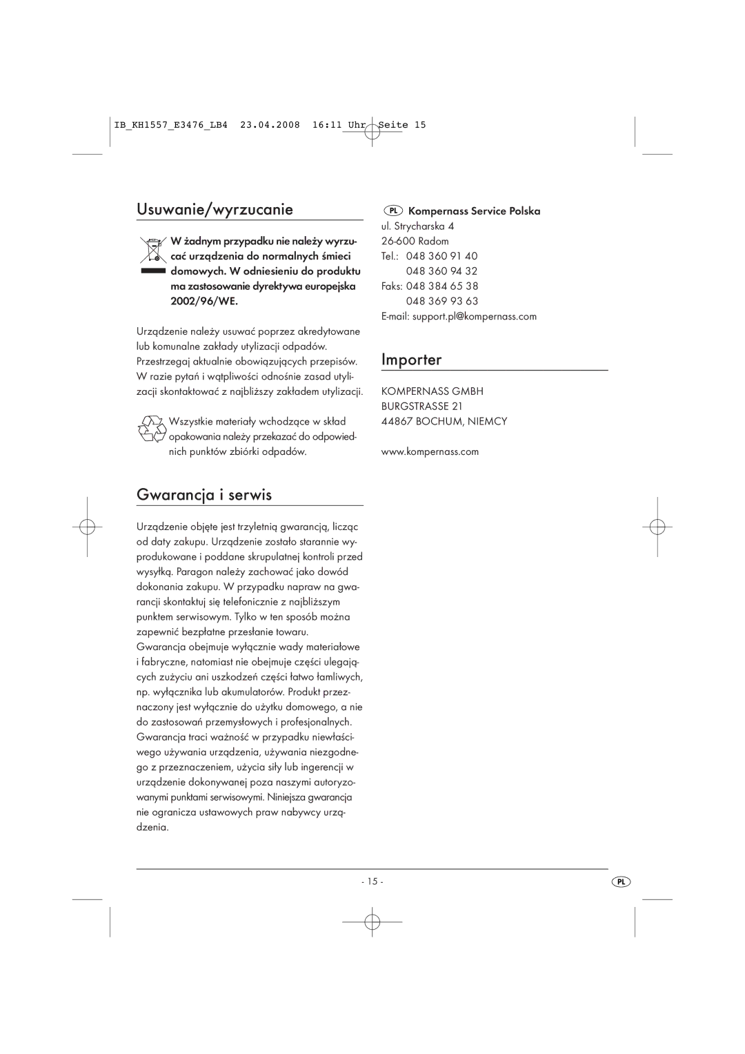 Kompernass KH 1557 operating instructions Usuwanie/wyrzucanie, Gwarancja i serwis 