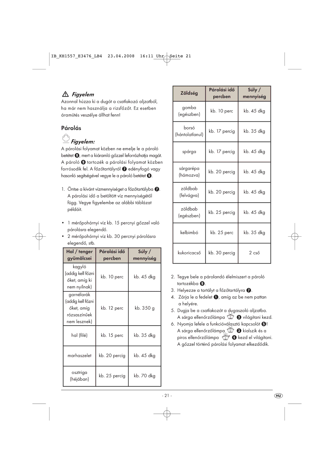 Kompernass KH 1557 operating instructions Zöldség Párolási idő Súly 