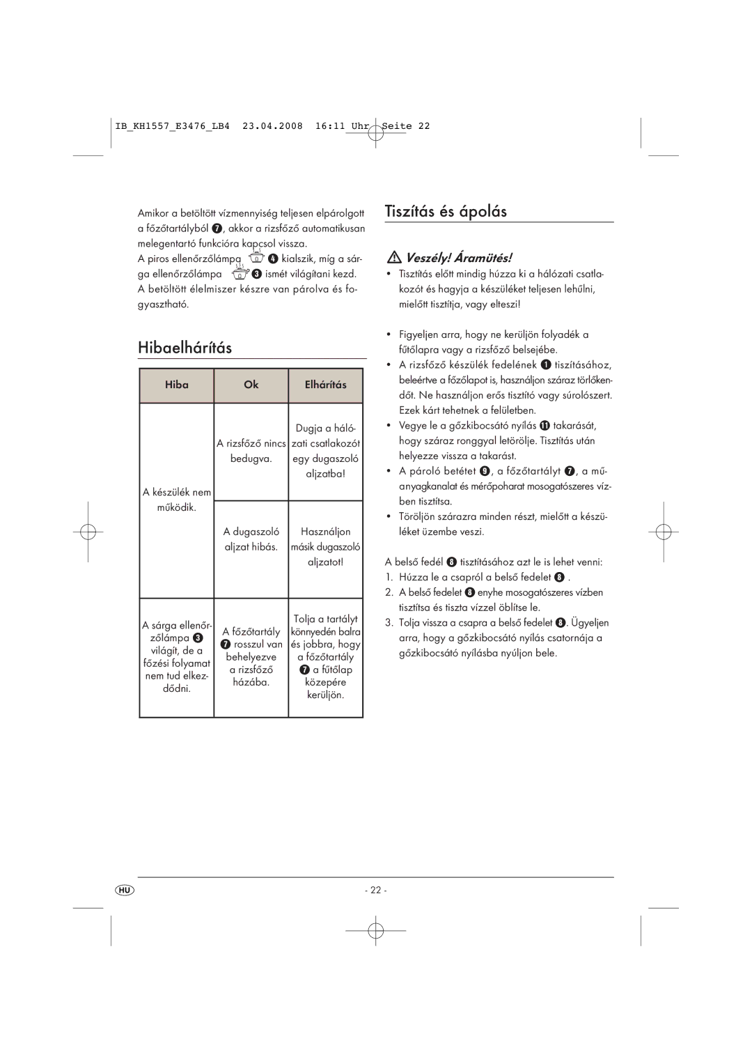 Kompernass KH 1557 operating instructions Hibaelhárítás, Tiszítás és ápolás 