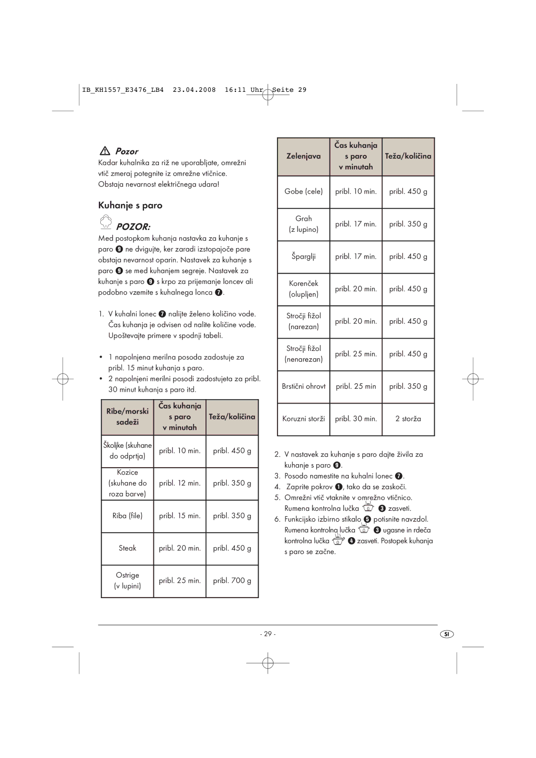 Kompernass KH 1557 operating instructions Pozor, Minut kuhanja s paro itd Ribe/morski Čas kuhanja 