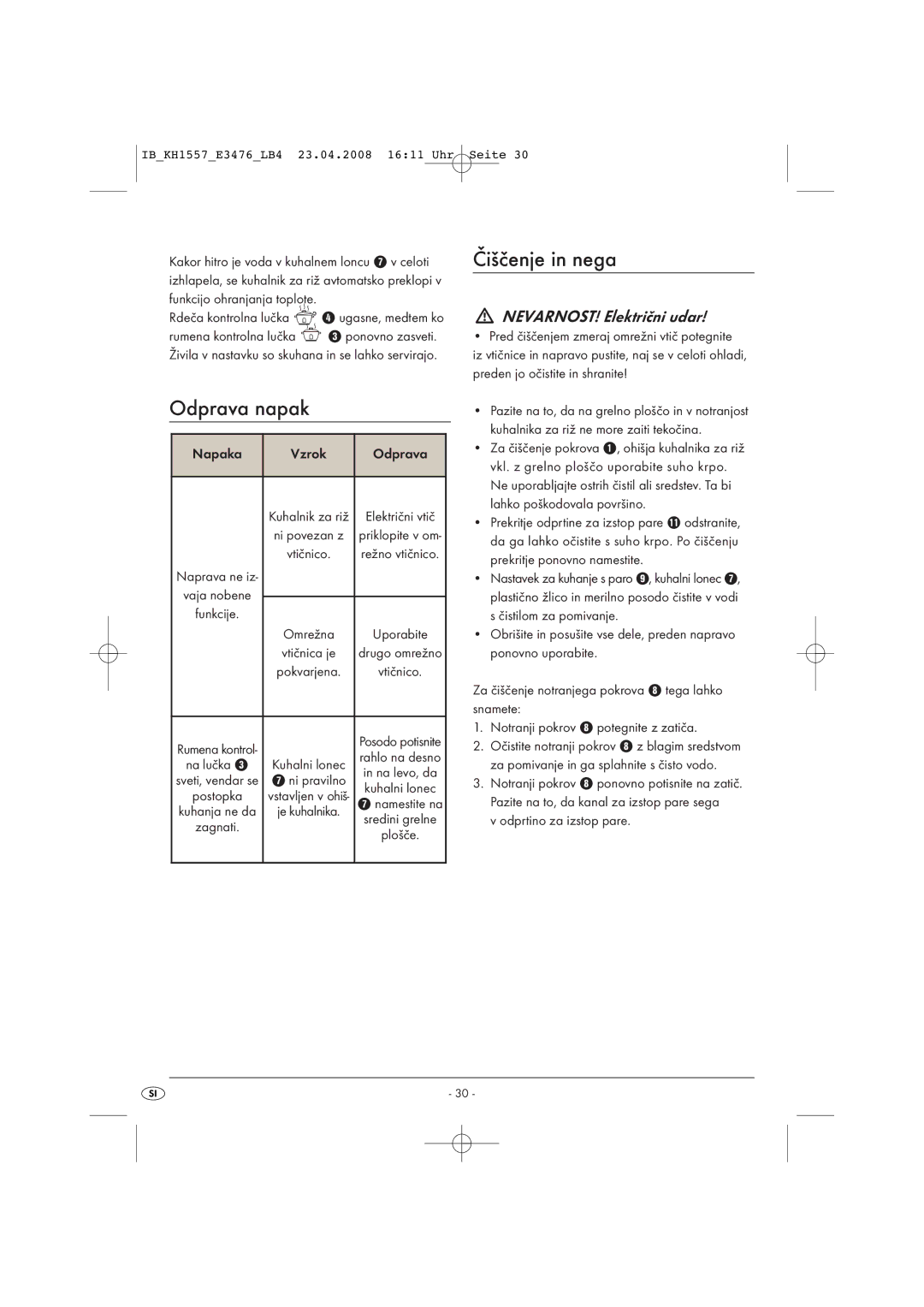 Kompernass KH 1557 operating instructions Odprava napak, Čiščenje in nega, Napaka Vzrok Odprava, Odprtino za izstop pare 