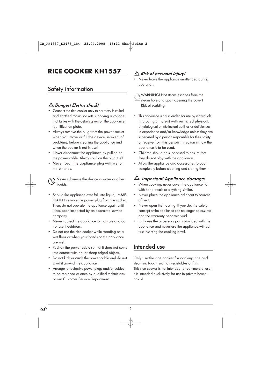 Kompernass KH 1557 operating instructions Rice Cooker KH1557, Safety information, Intended use, Risk of personal injury 