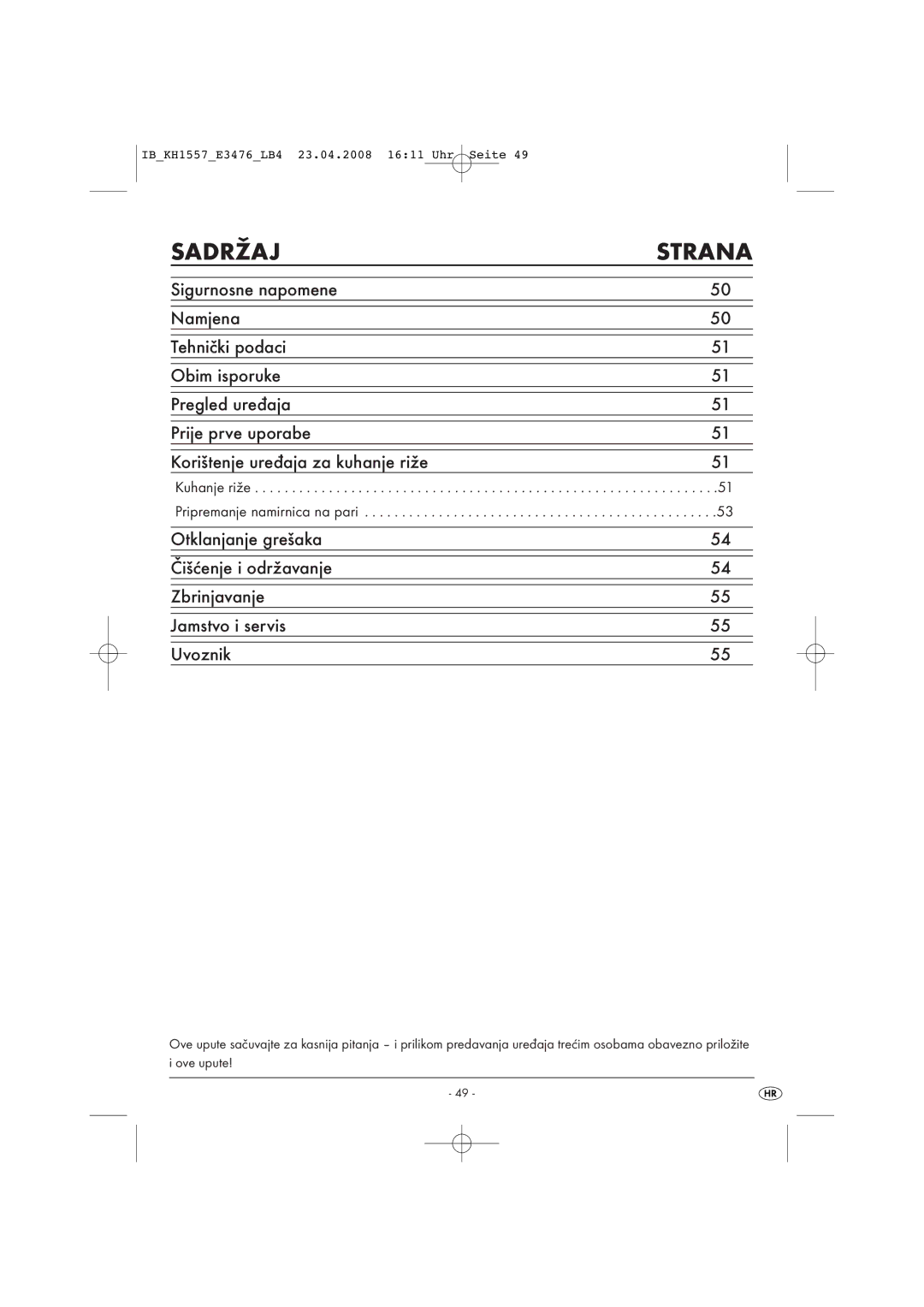 Kompernass KH 1557 operating instructions Sadržaj Strana, Kuhanje riže Pripremanje namirnica na pari 