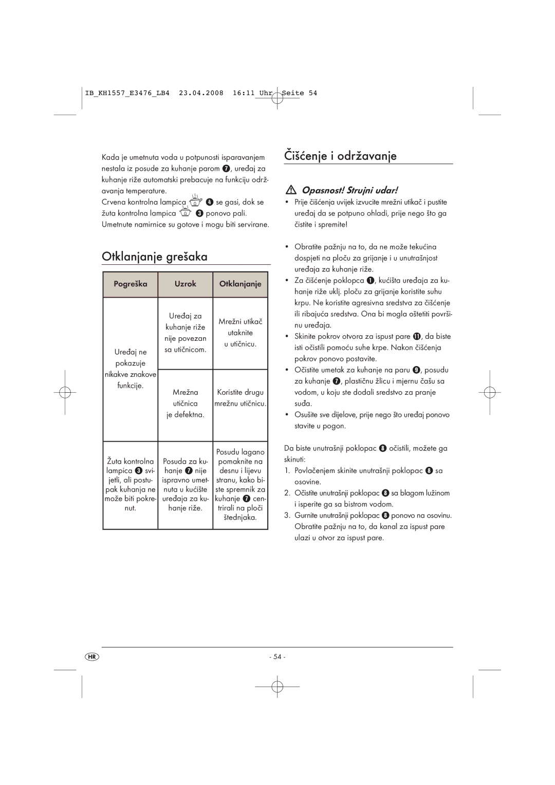 Kompernass KH 1557 operating instructions Otklanjanje grešaka, Čišćenje i održavanje, Pogreška Uzrok Otklanjanje 