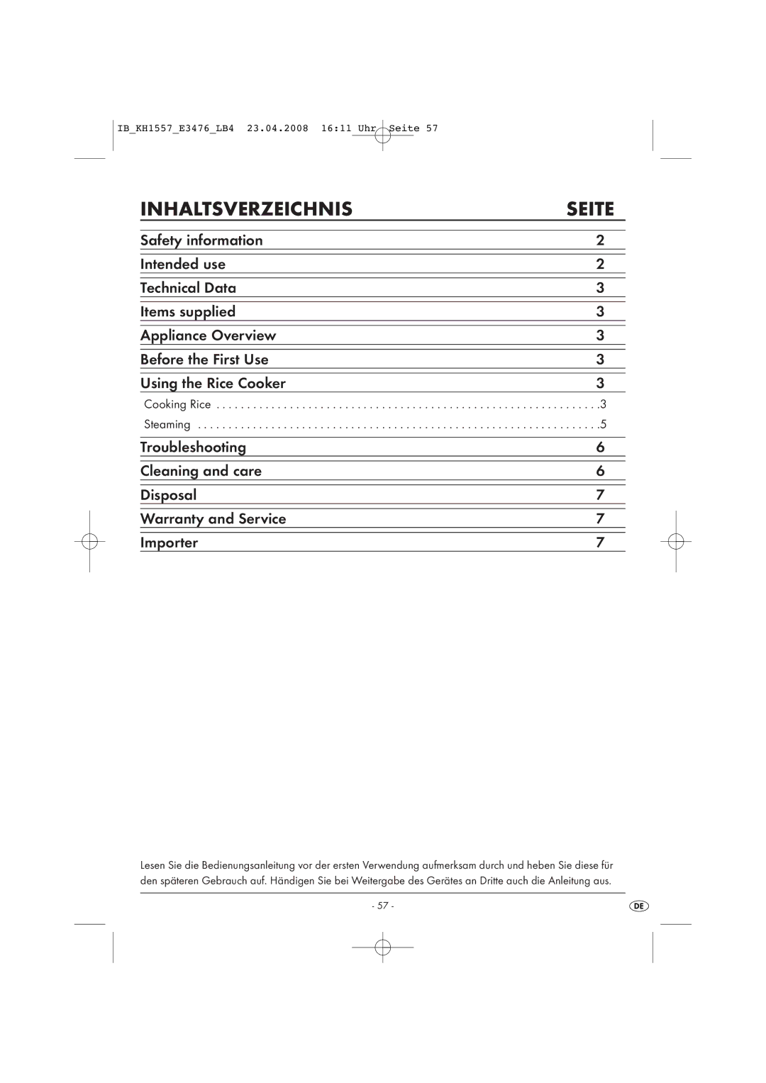 Kompernass KH 1557 operating instructions Inhaltsverzeichnis, Seite 