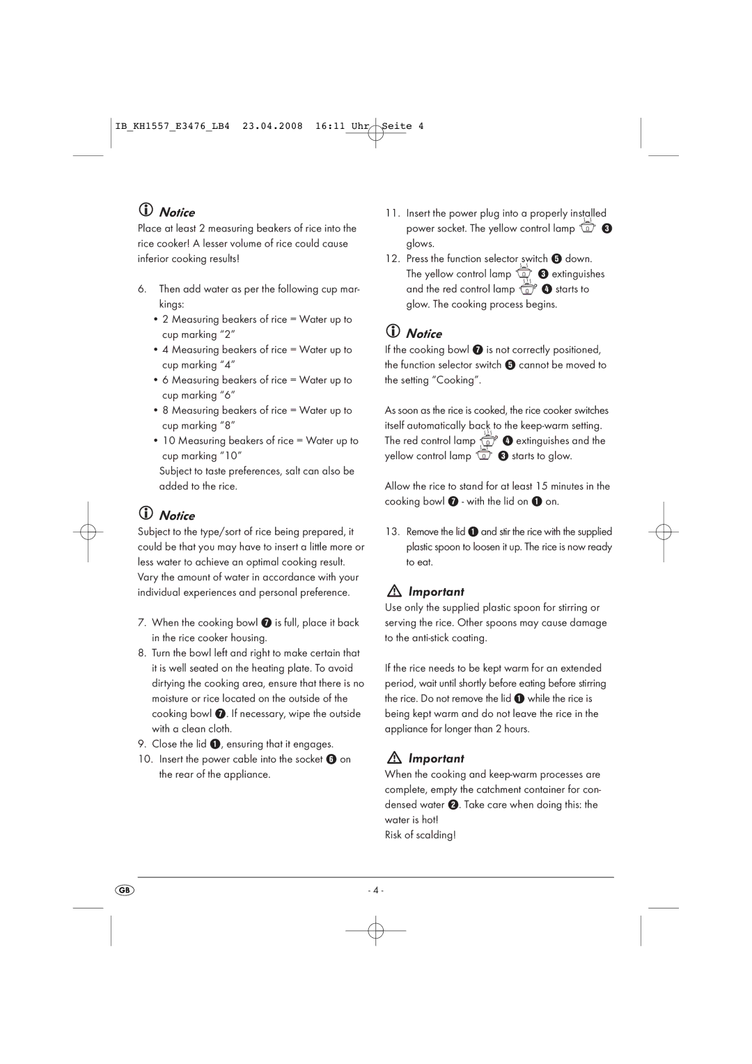 Kompernass KH 1557 operating instructions Risk of scalding 