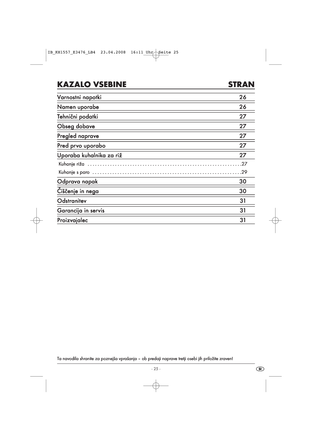 Kompernass KH 1557 operating instructions Kazalo Vsebine, Stran 