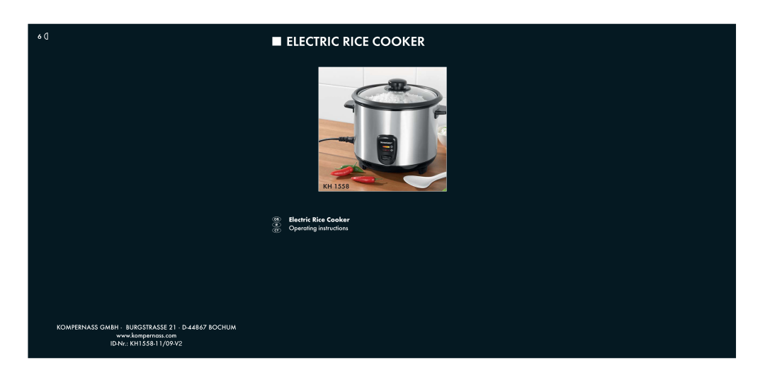 Kompernass KH 1558 operating instructions Electric Rice Cooker Operating instructions 