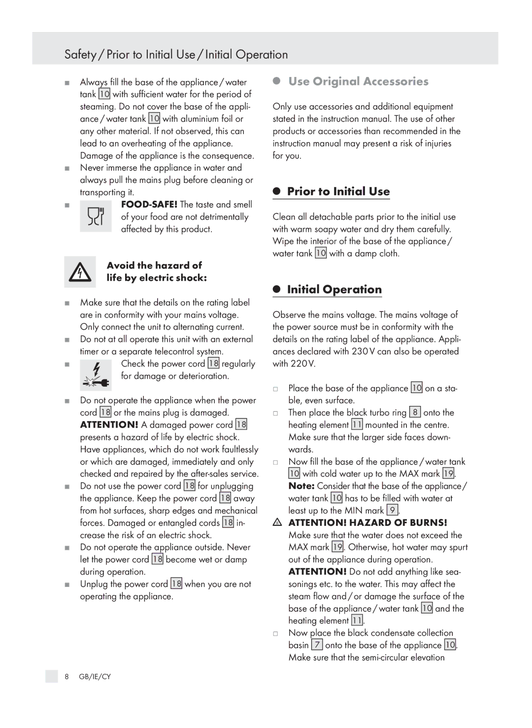 Kompernass KH 1560 manual Safety / Prior to Initial Use / Initial Operation, Use Original Accessories 