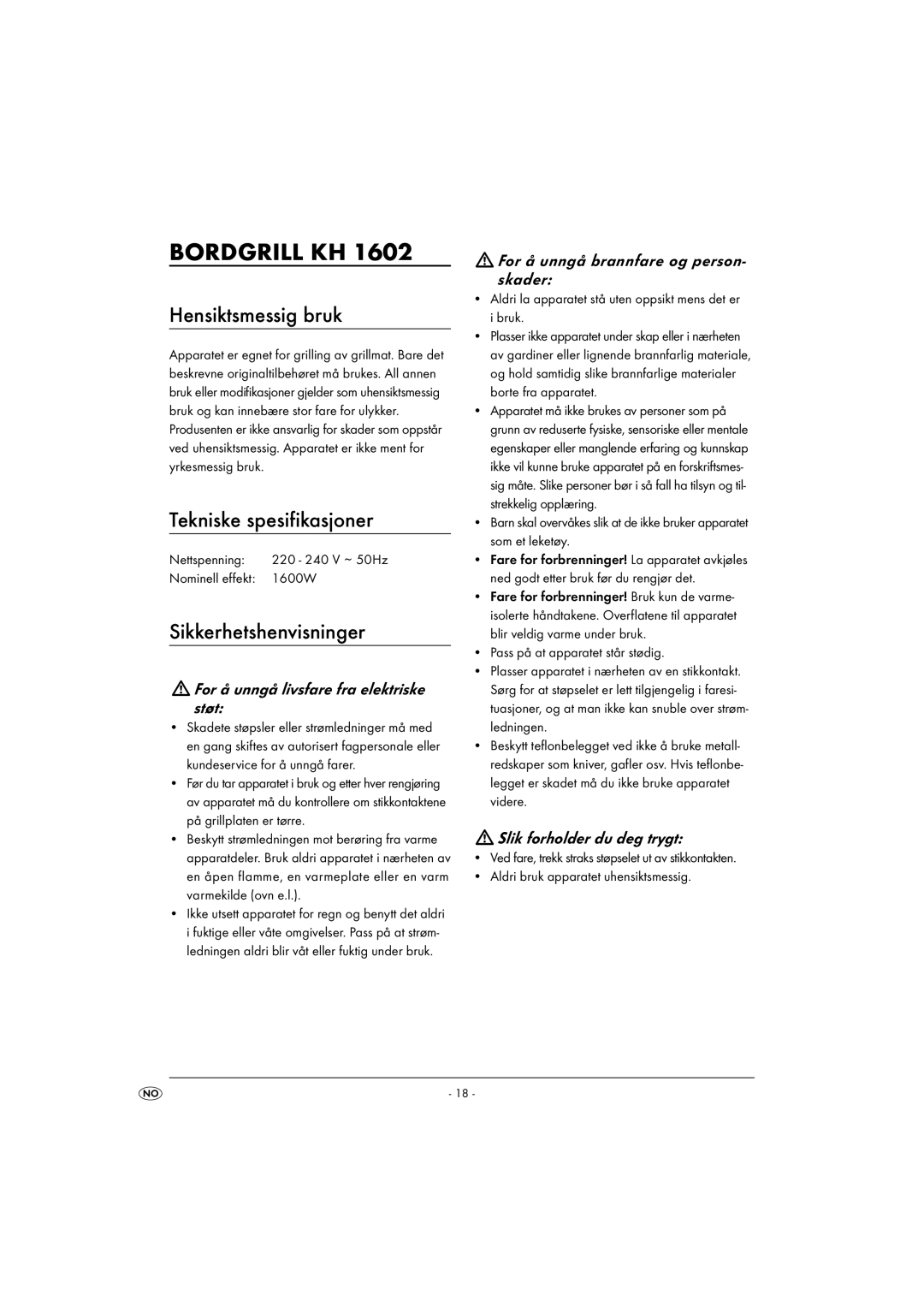 Kompernass KH 1602 operating instructions Hensiktsmessig bruk, Tekniske spesifikasjoner, Sikkerhetshenvisninger 