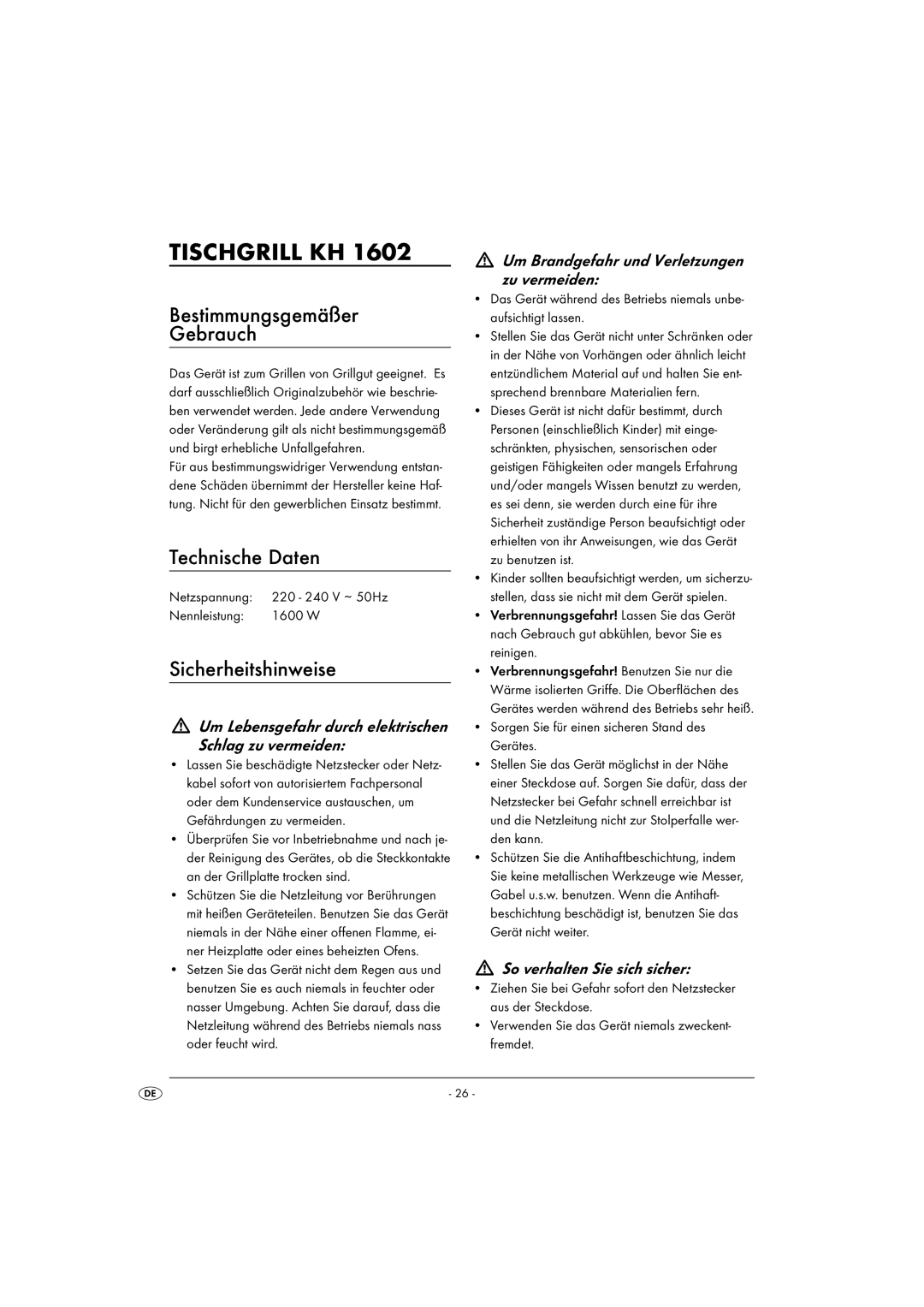 Kompernass KH 1602 operating instructions Tischgrill KH, Bestimmungsgemäßer Gebrauch, Technische Daten, Sicherheitshinweise 