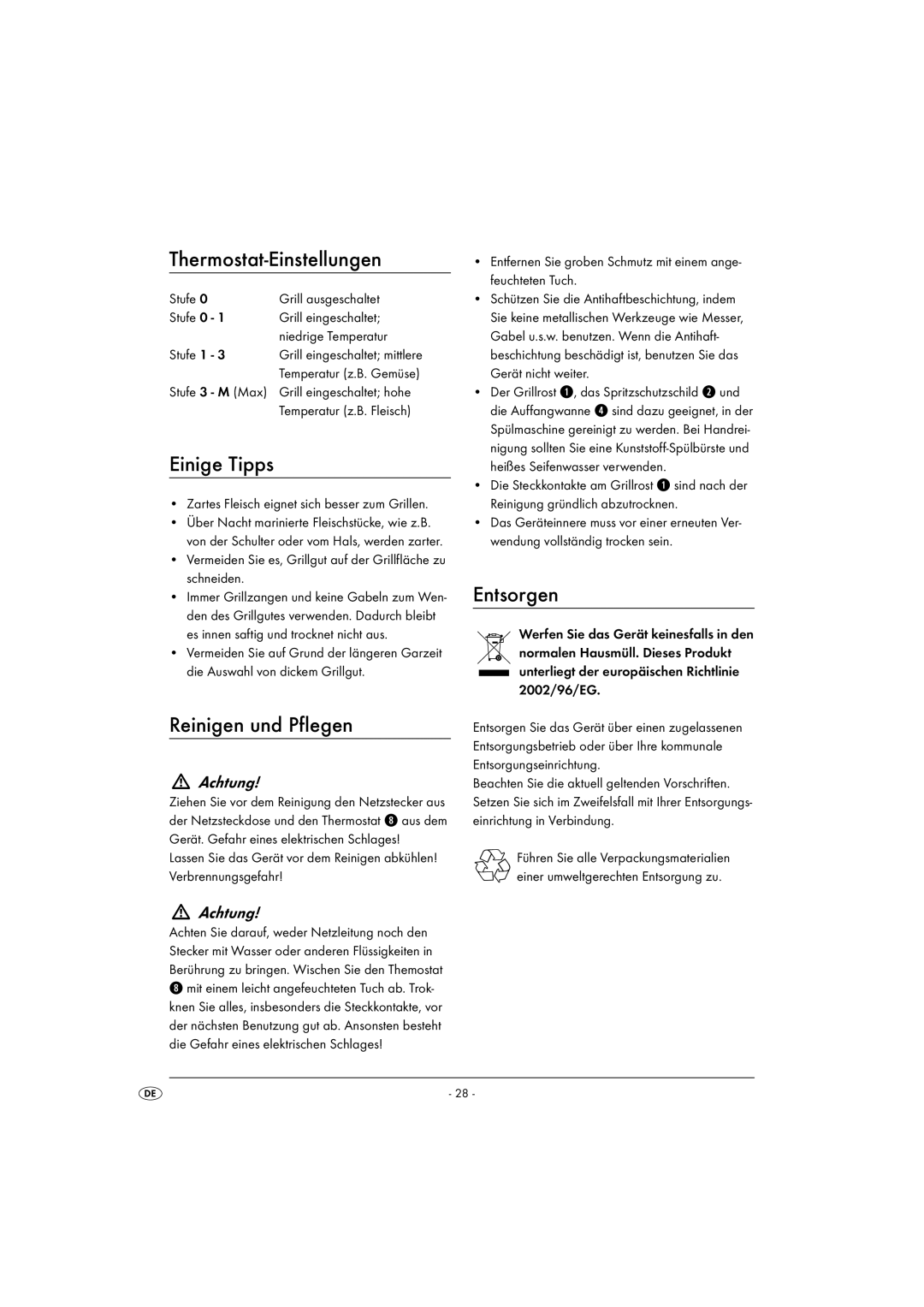 Kompernass KH 1602 operating instructions Thermostat-Einstellungen, Einige Tipps, Reinigen und Pflegen, Entsorgen, Achtung 