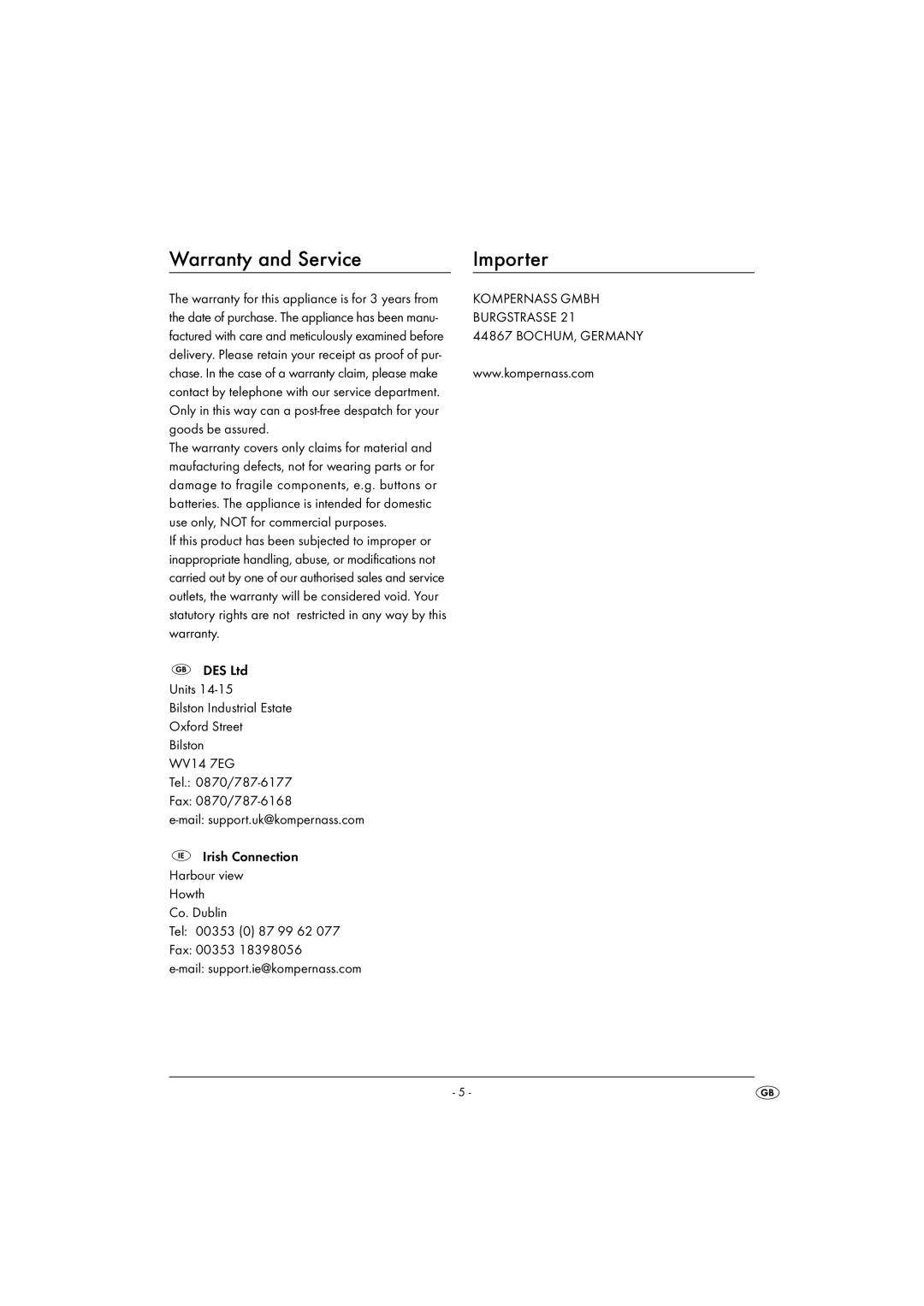 Kompernass KH 1602 operating instructions Warranty and Service Importer 