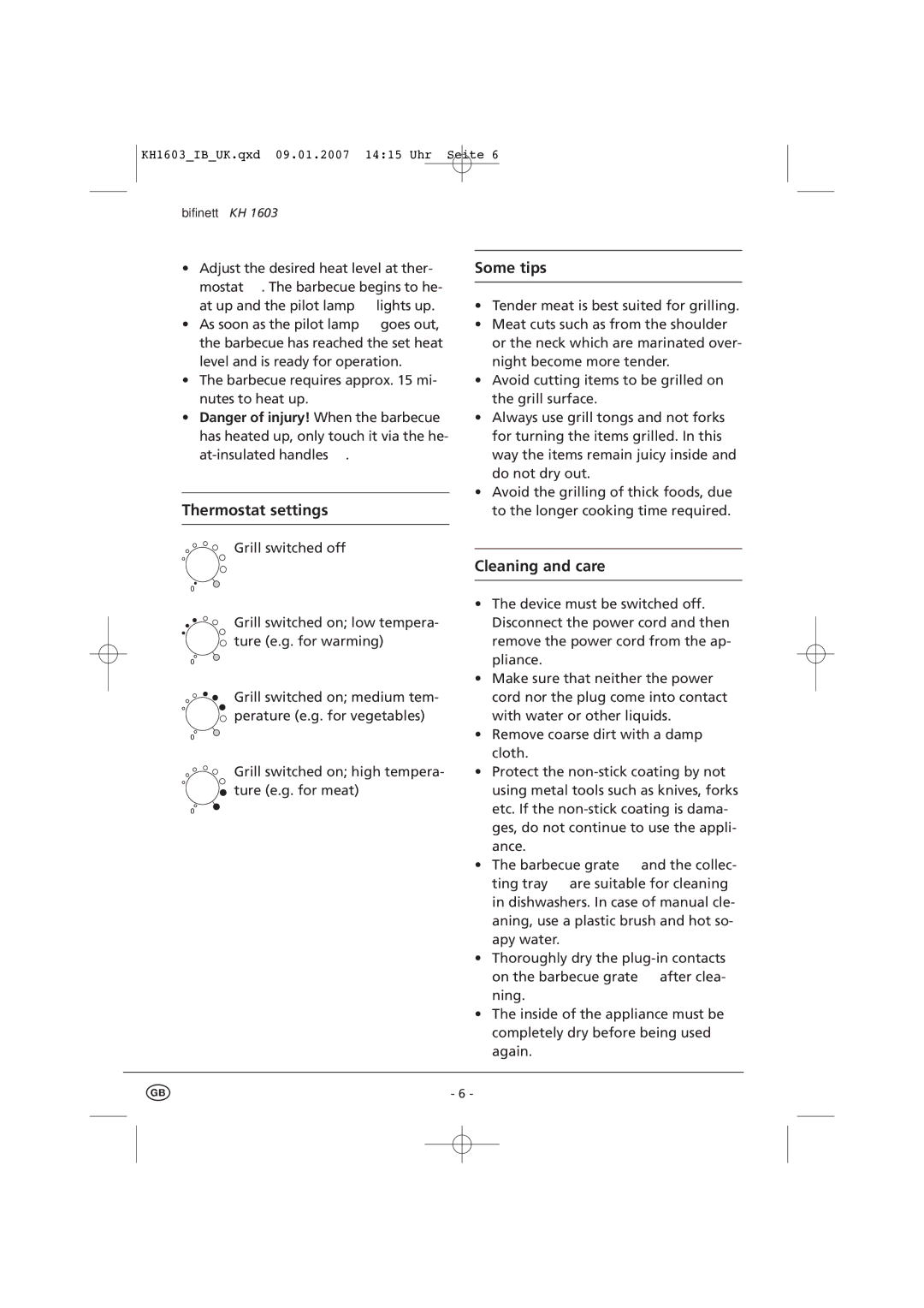 Kompernass KH 1603 manual Thermostat settings 