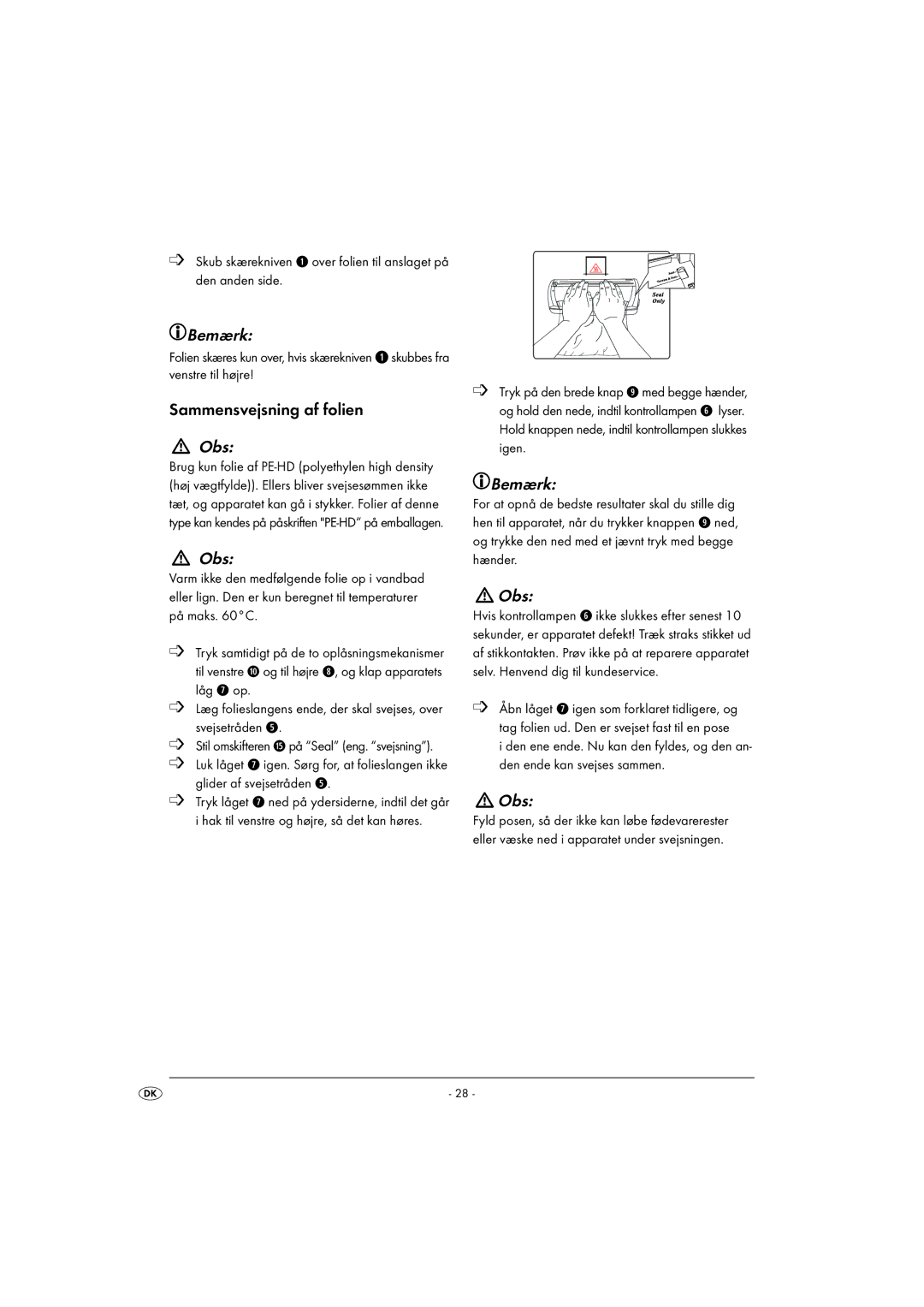 Kompernass KH 1605 manual Sammensvejsning af folien, Obs 