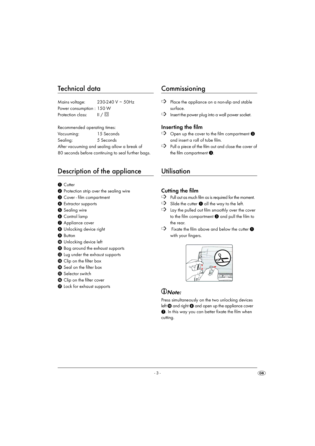 Kompernass KH 1605 manual Technical data, Commissioning, Description of the appliance Utilisation, Inserting the film 