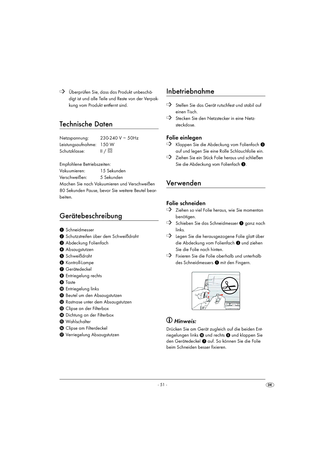 Kompernass KH 1605 manual Technische Daten, Gerätebeschreibung, Inbetriebnahme, Verwenden, Hinweis 