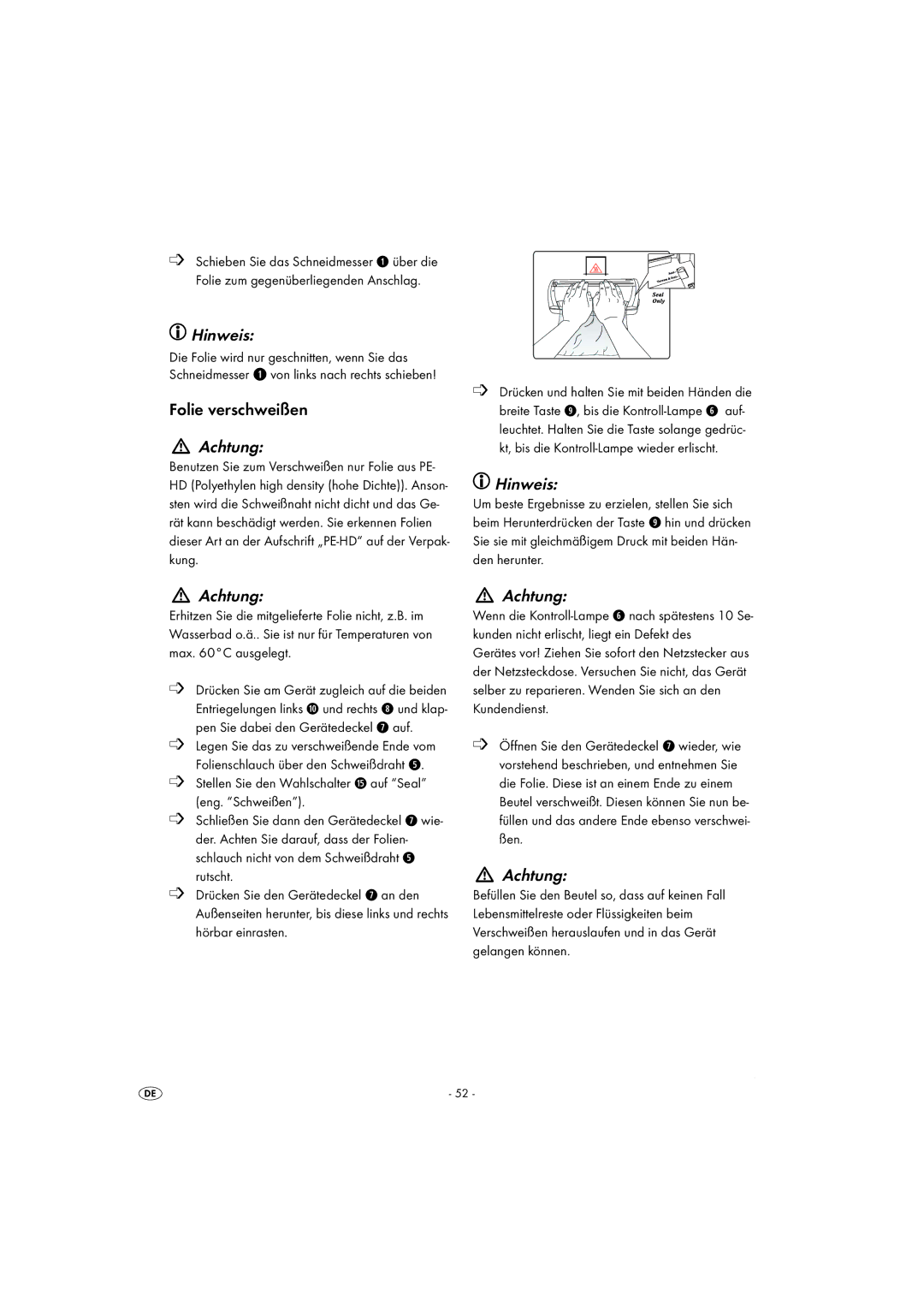 Kompernass KH 1605 manual Folie verschweißen, Achtung 