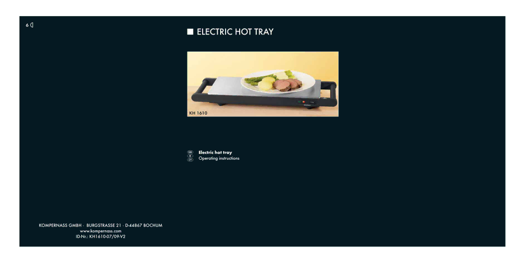 Kompernass KH 1610 manual Electric HOT Tray 