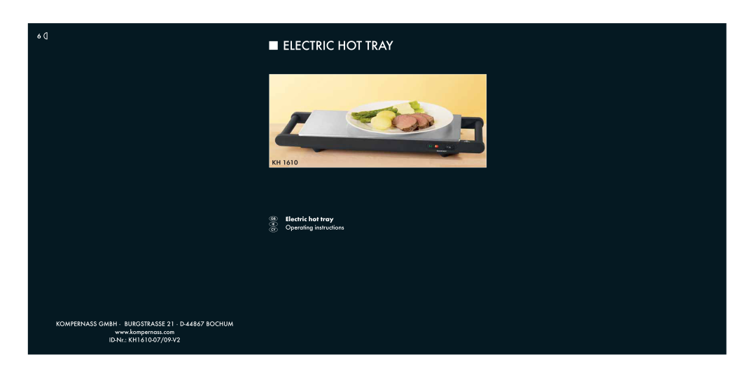 Kompernass KH 1610 manual Electric Hot Tray, Electric hot tray Operating instructions, ID-Nr. KH1610-07/09-V2 
