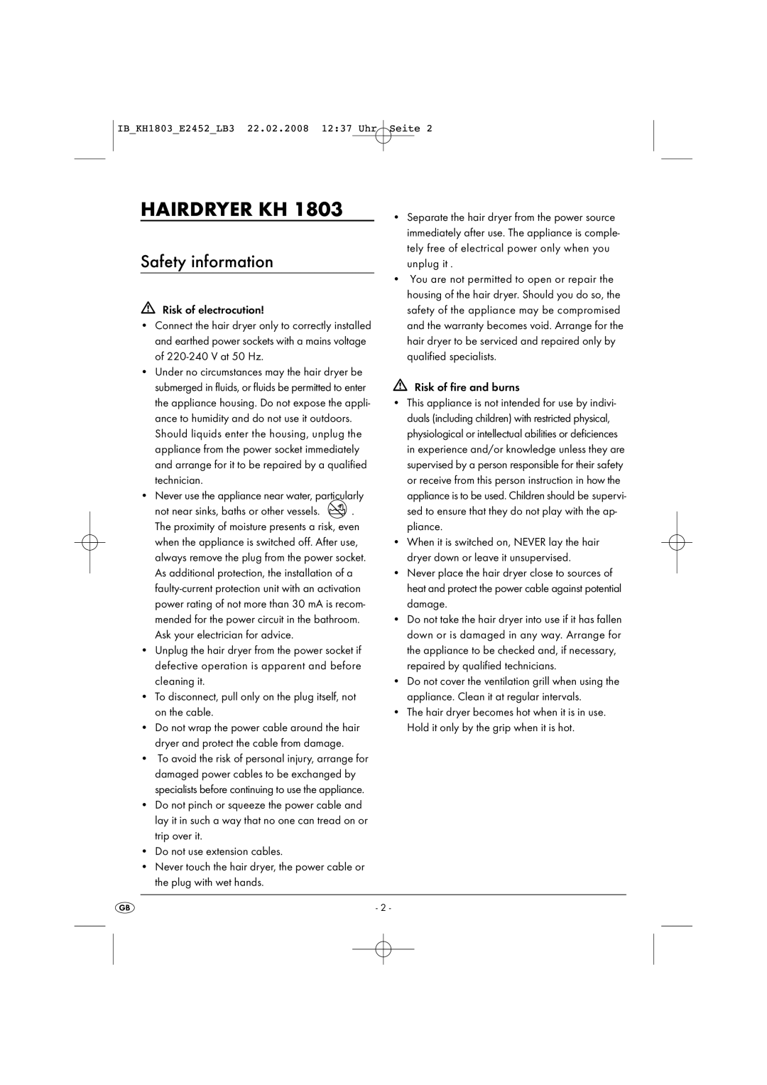 Kompernass KH 1803 operating instructions Hairdryer KH, Safety information, Risk of fire and burns 