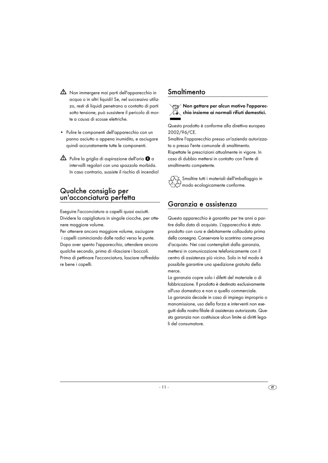 Kompernass KH 1804 operating instructions Smaltimento, Garanzia e assistenza 