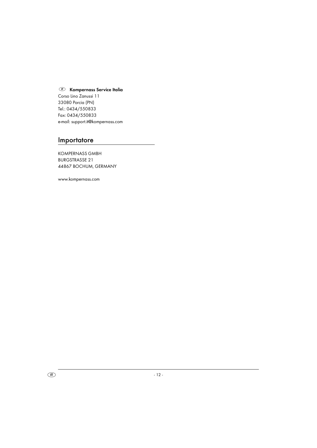 Kompernass KH 1804 operating instructions Importatore 