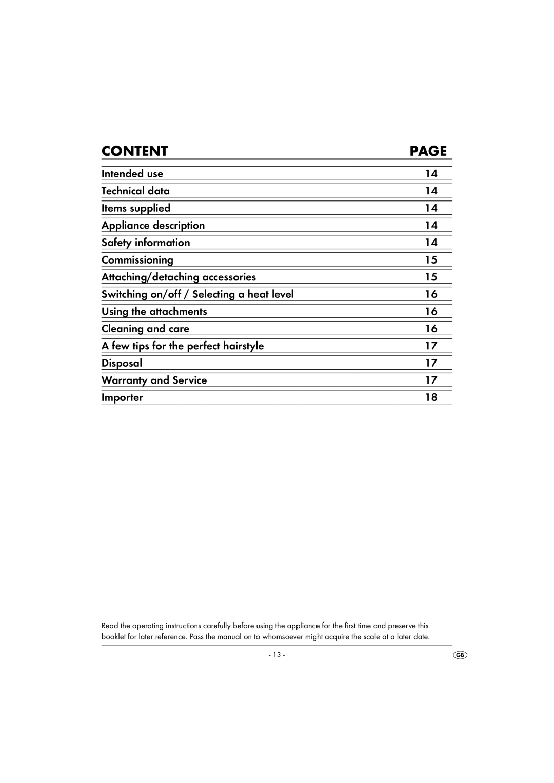 Kompernass KH 1804 operating instructions Content 