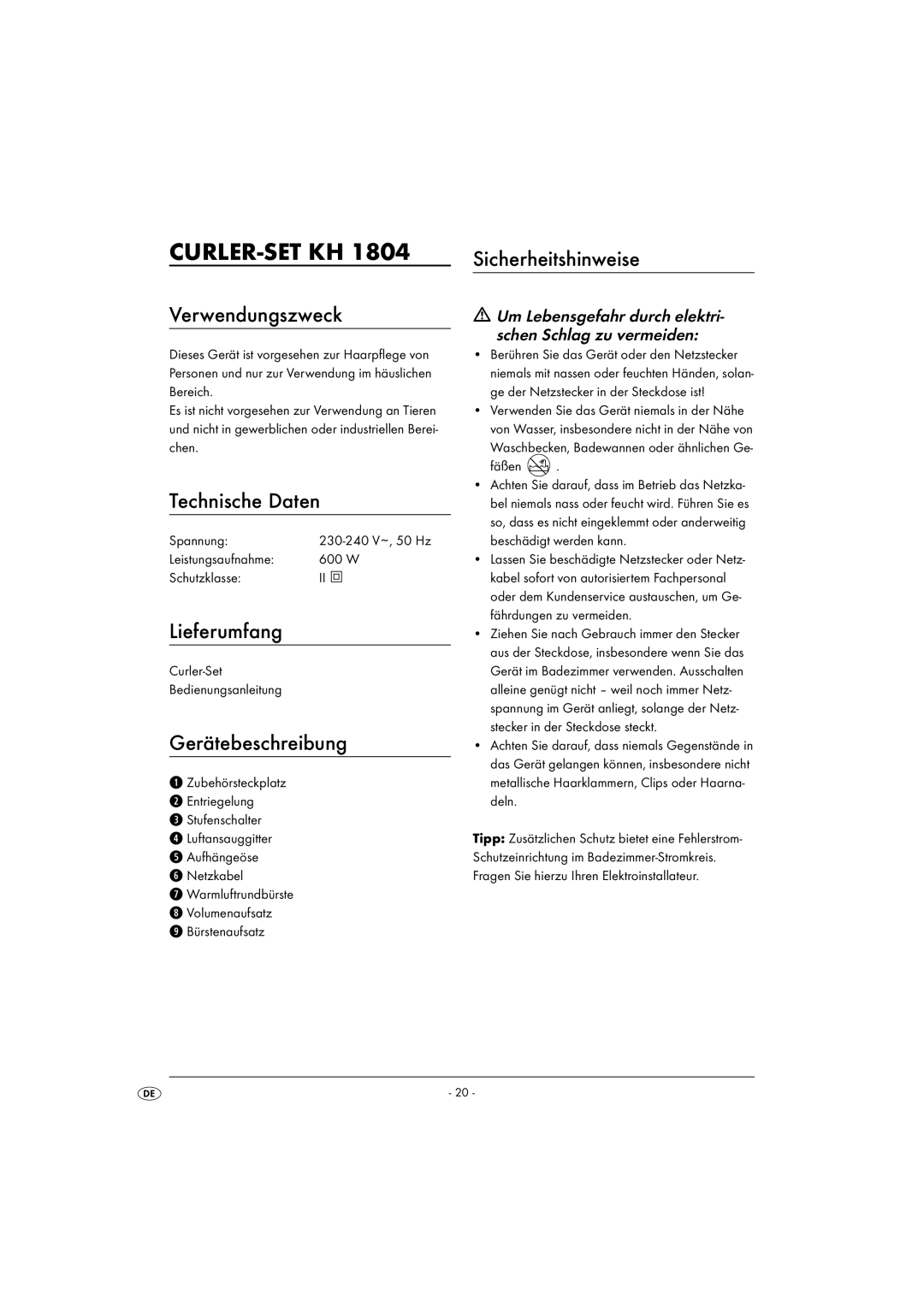 Kompernass KH 1804 operating instructions Curler-Set Kh 