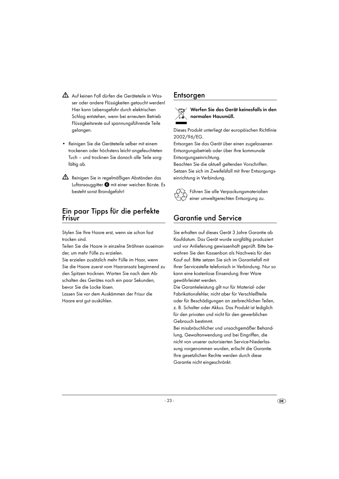 Kompernass KH 1804 operating instructions Entsorgen, Ein paar Tipps für die perfekte Frisur, Garantie und Service 