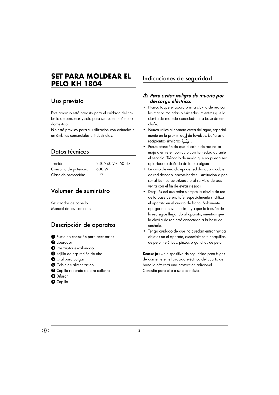 Kompernass KH 1804 operating instructions SET Para Moldear EL Pelo KH 