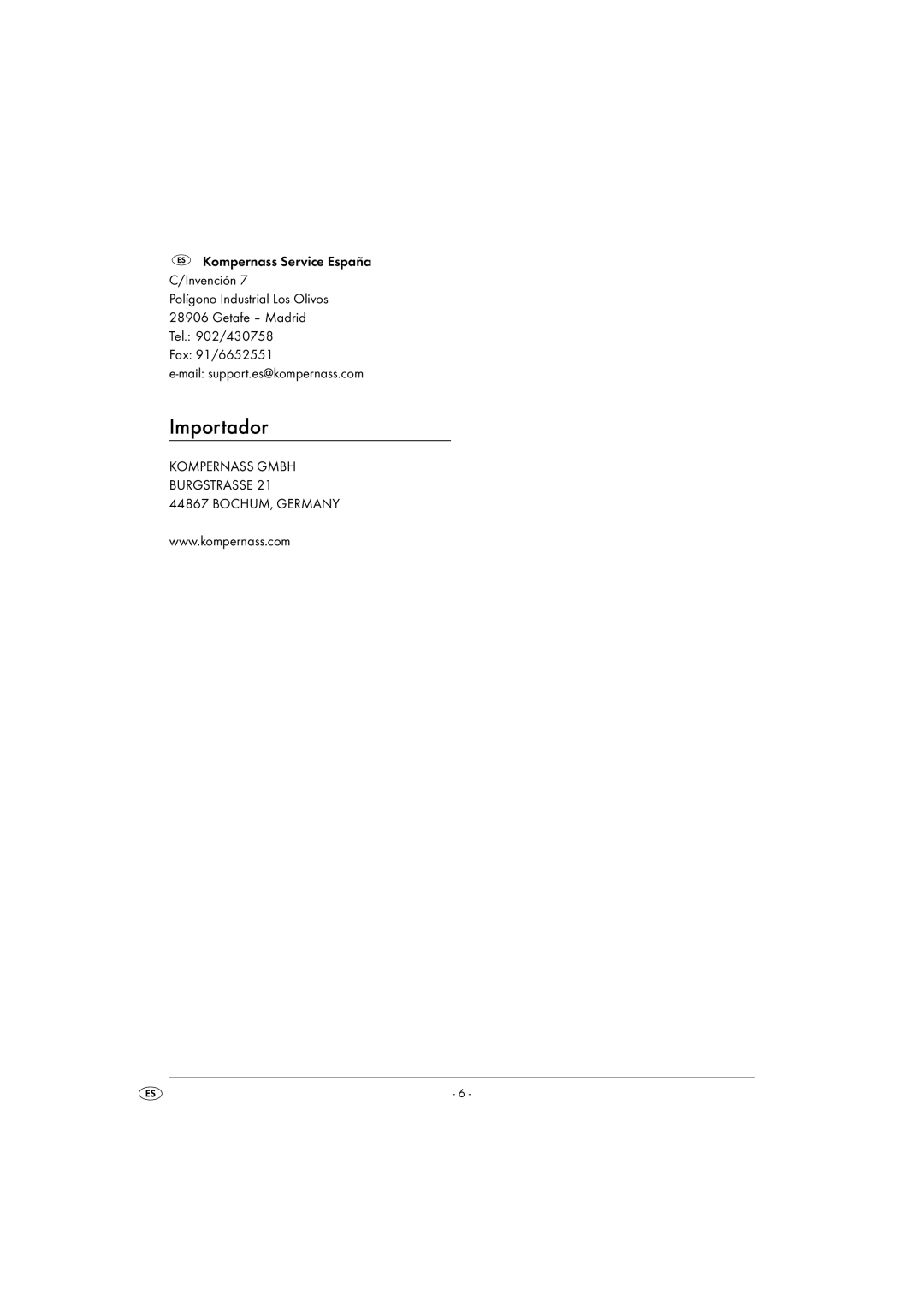 Kompernass KH 1804 operating instructions Importador 