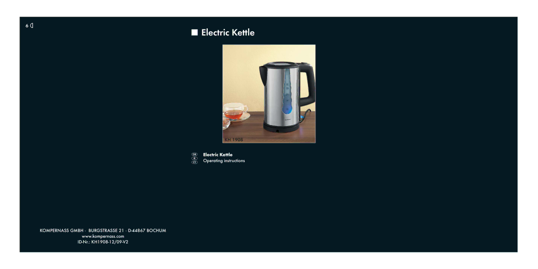 Kompernass KH 1908 manual Electric Kettle 