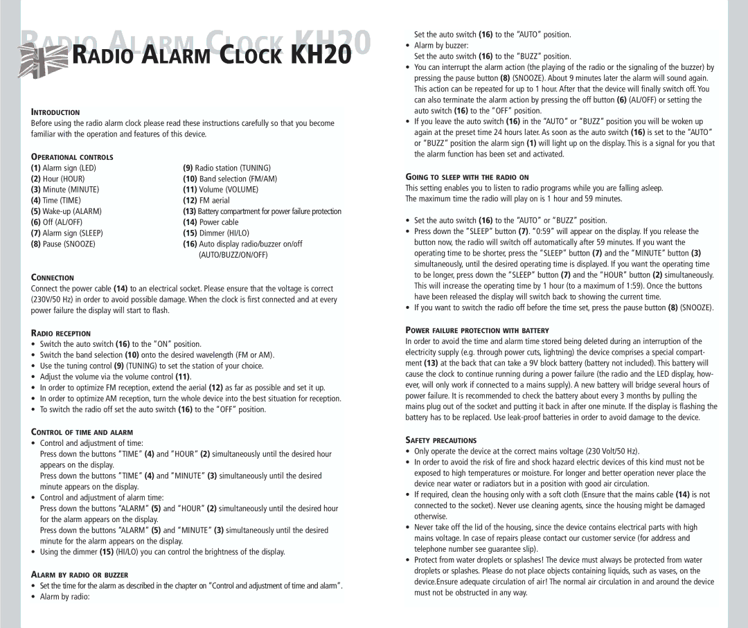 Kompernass KH 20 manual Radio Alarm Clock KH20, Auto/Buzz/On/Off, Set the auto switch 16 to the Auto or Buzz position 