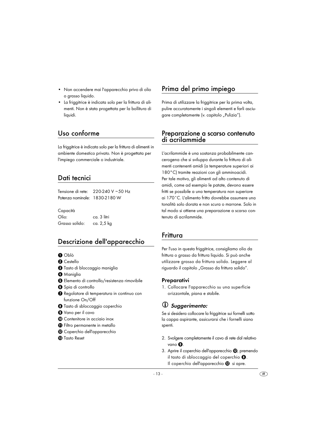 Kompernass KH 2000 Prima del primo impiego, Uso conforme, Dati tecnici, Preparazione a scarso contenuto di acrilammide 