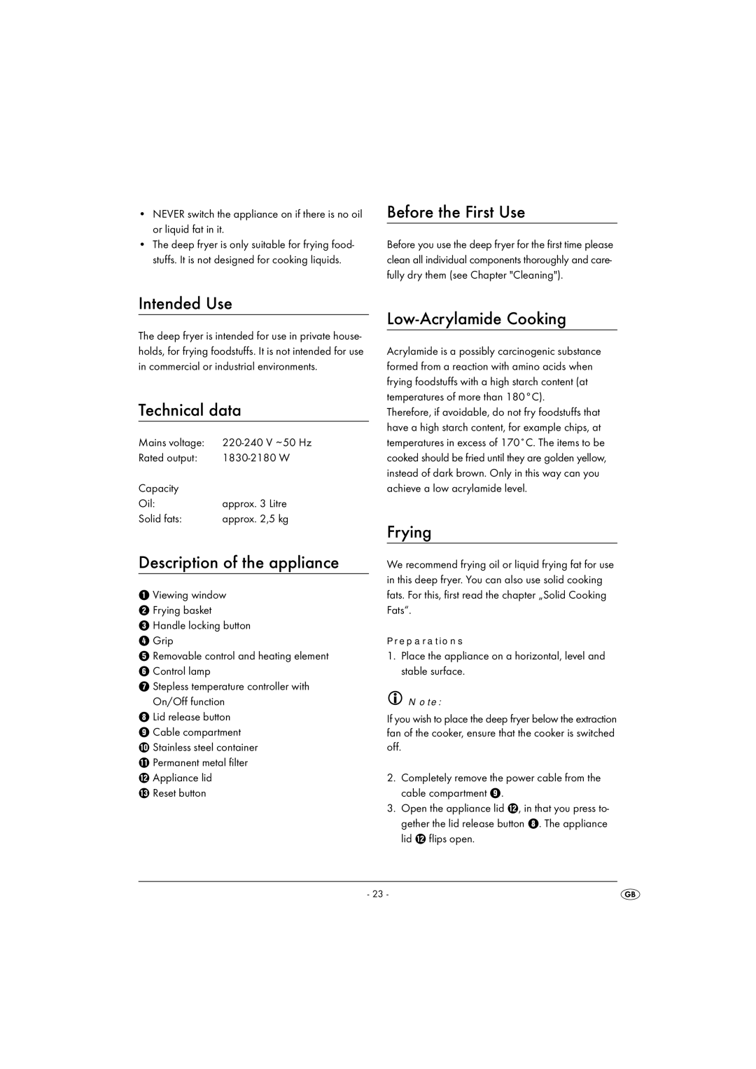 Kompernass KH 2000 Before the First Use, Intended Use, Technical data, Description of the appliance, Frying 