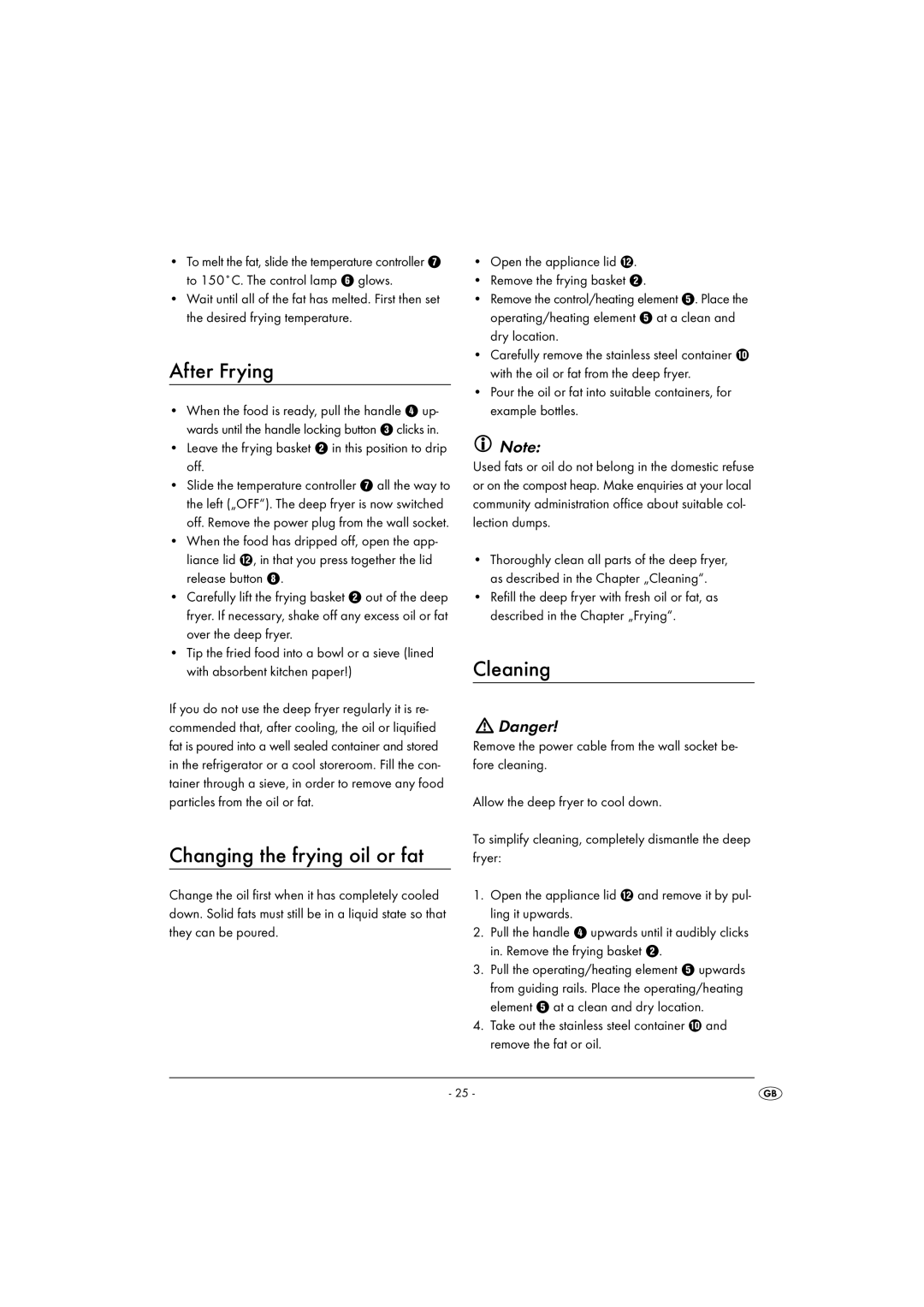 Kompernass KH 2000 operating instructions After Frying, Changing the frying oil or fat, Cleaning 