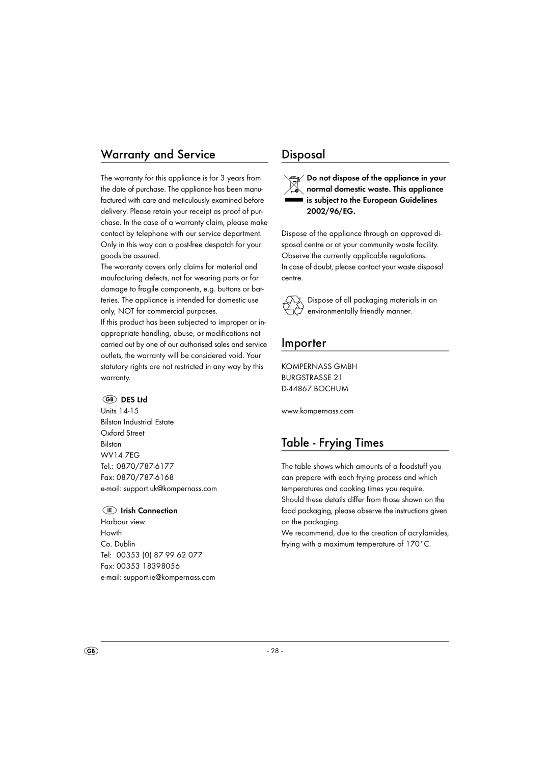 Kompernass KH 2000 operating instructions Warranty and Service Disposal, Importer, Table Frying Times 