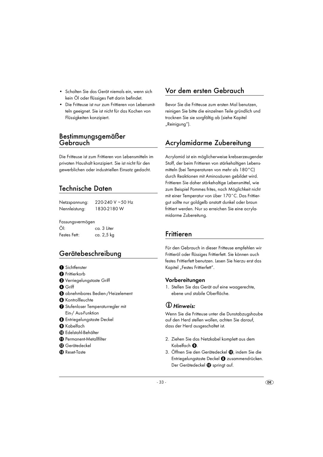 Kompernass KH 2000 Vor dem ersten Gebrauch, Bestimmungsgemäßer Gebrauch, Technische Daten, Gerätebeschreibung, Frittieren 