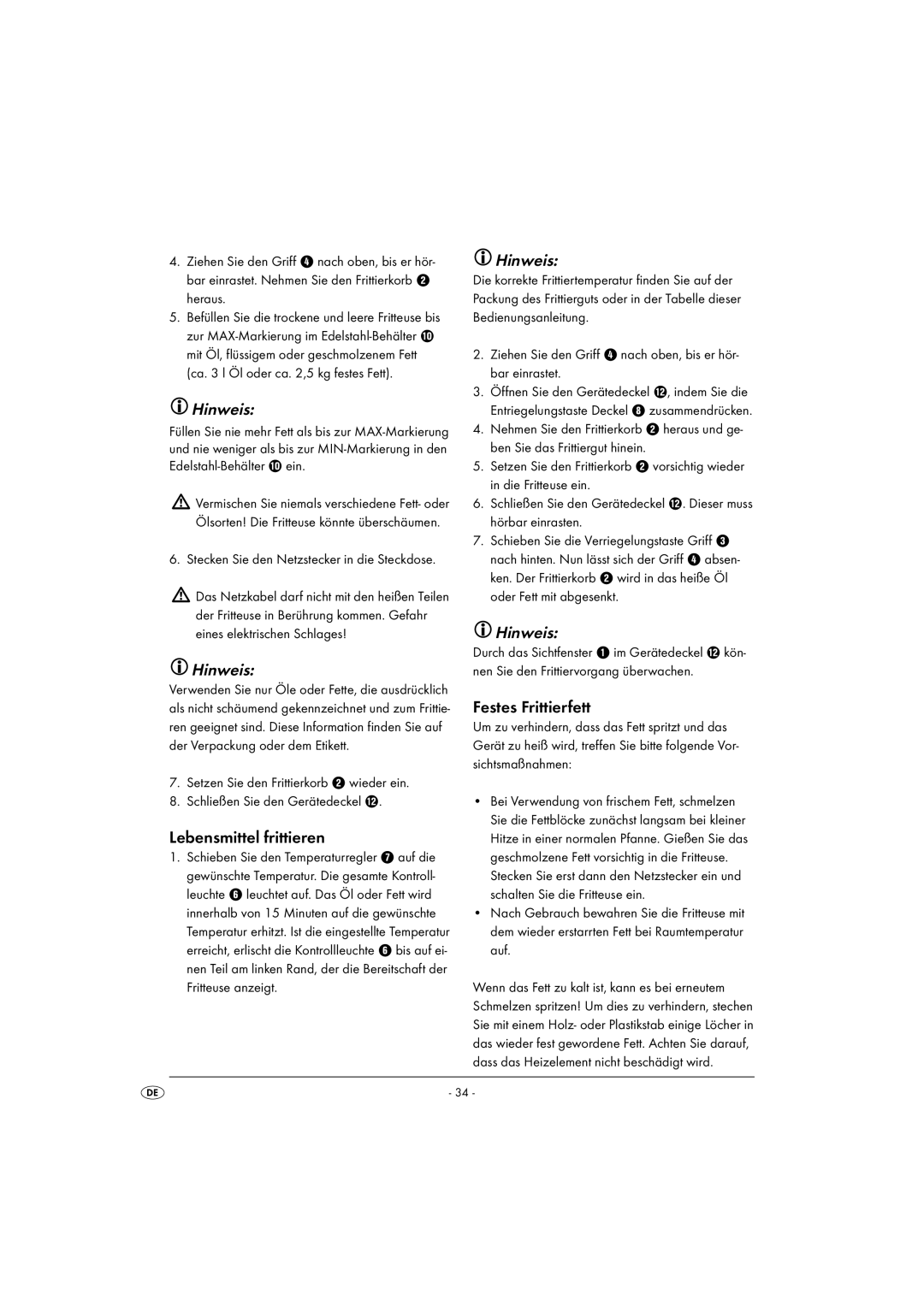 Kompernass KH 2000 operating instructions Lebensmittel frittieren, Festes Frittierfett 