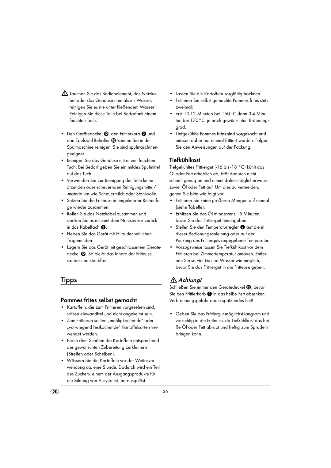 Kompernass KH 2000 operating instructions Tipps, Tiefkühlkost, Pommes frites selbst gemacht, Achtung 