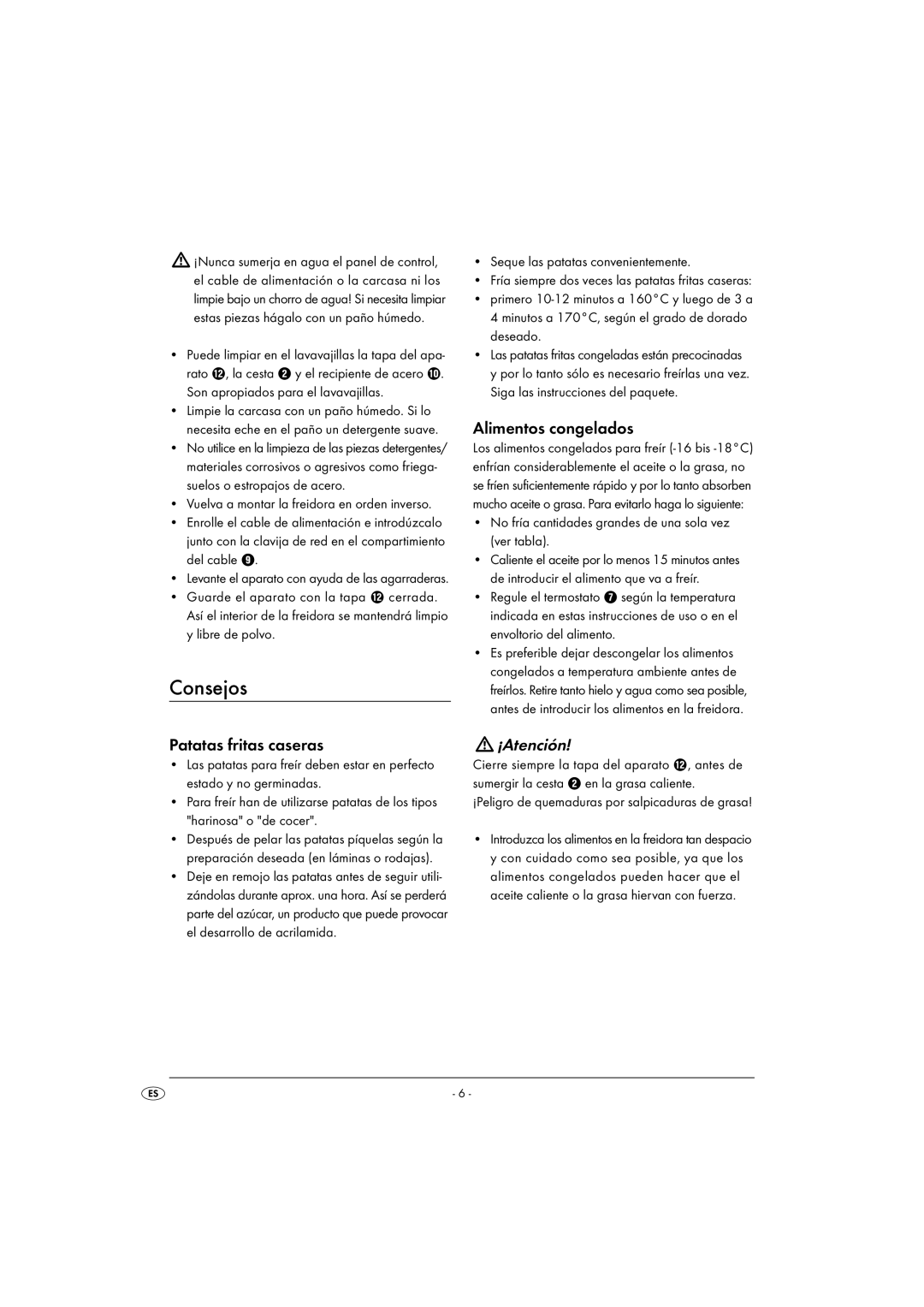 Kompernass KH 2000 operating instructions Consejos, Patatas fritas caseras, Alimentos congelados, ¡Atención 