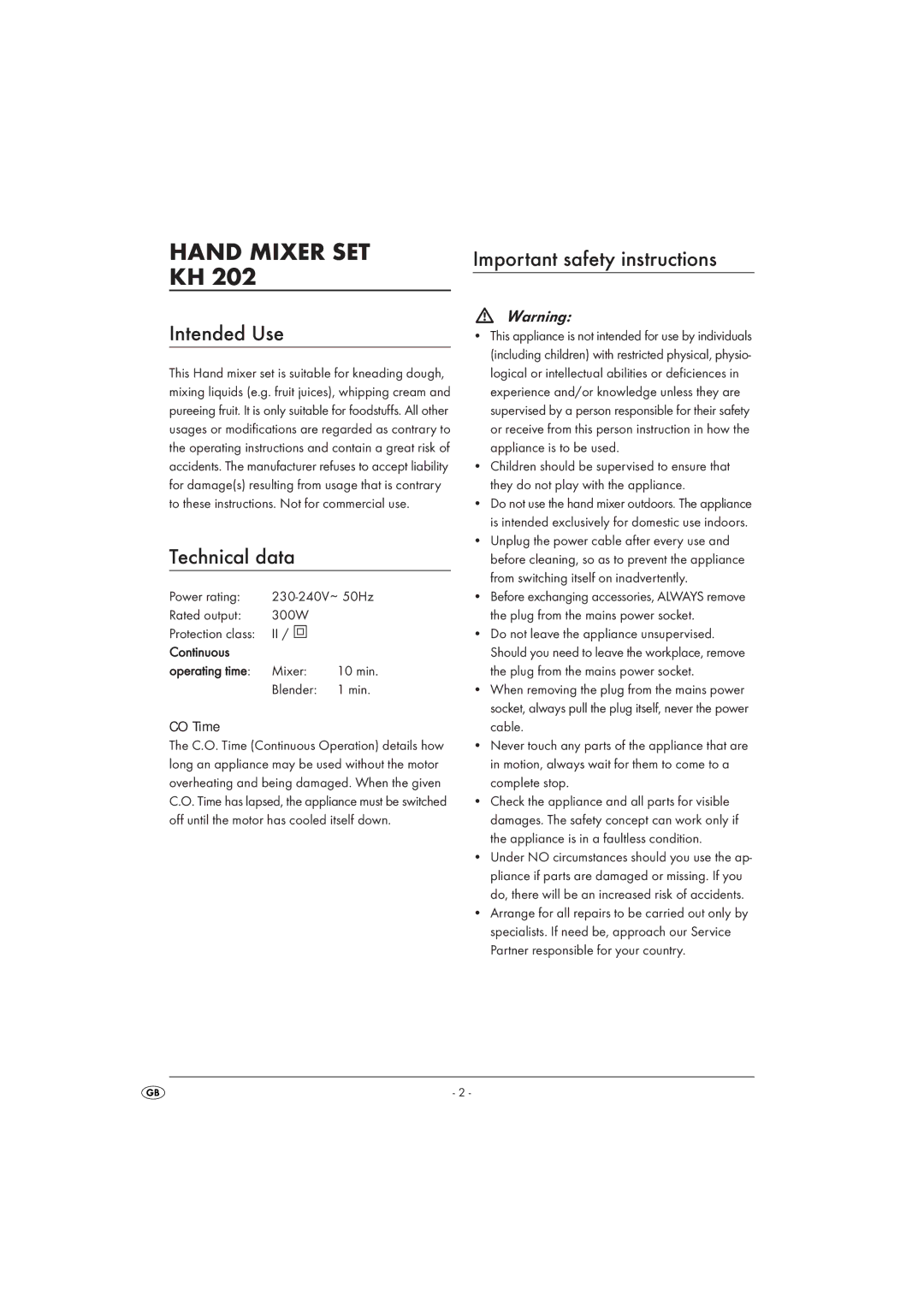 Kompernass KH 202 manual Intended Use, Technical data, Important safety instructions 