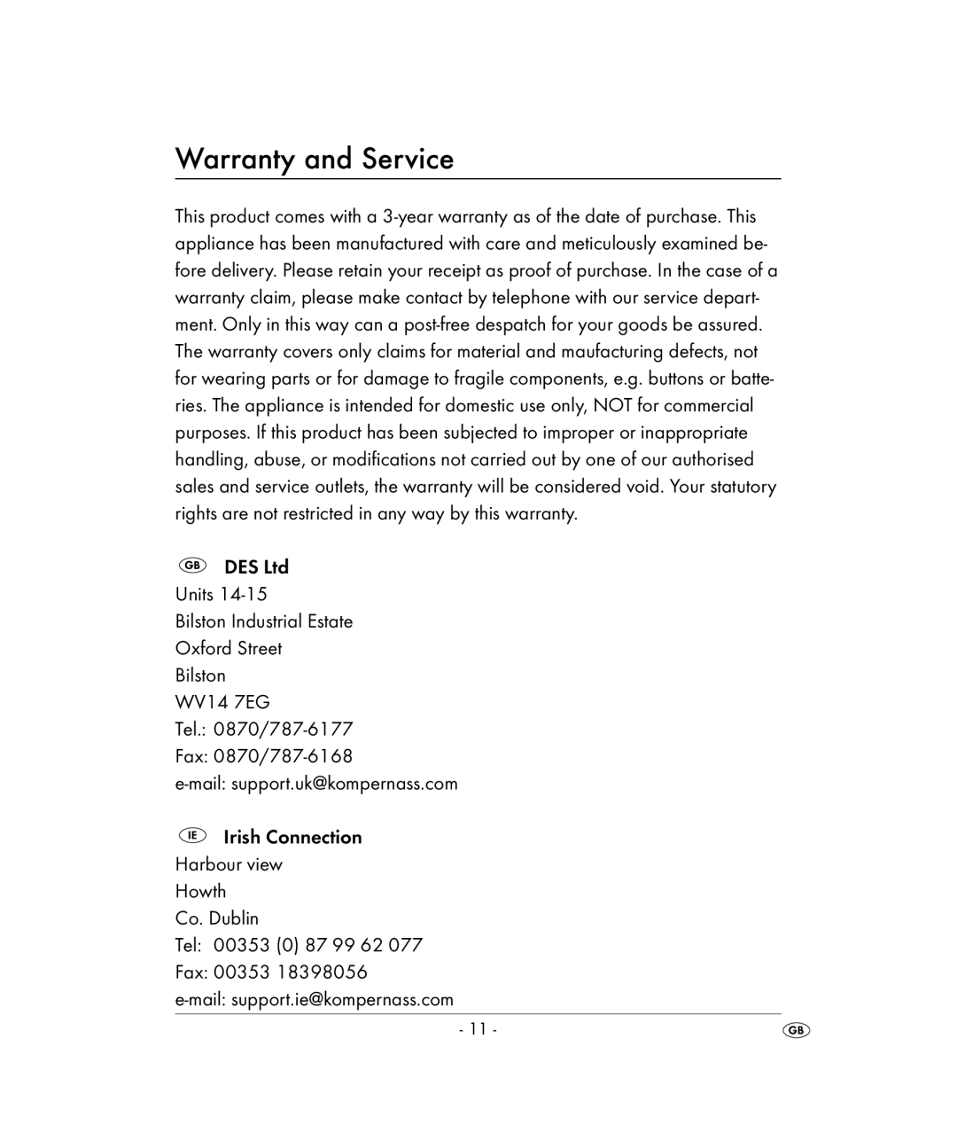 Kompernass KH 2022 manual Warranty and Service 