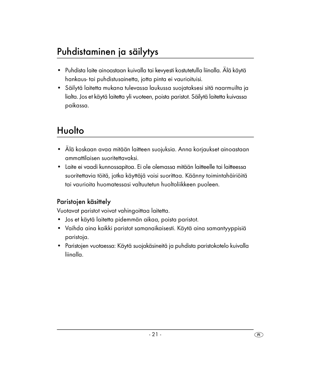 Kompernass KH 2022 manual Puhdistaminen ja säilytys, Huolto 