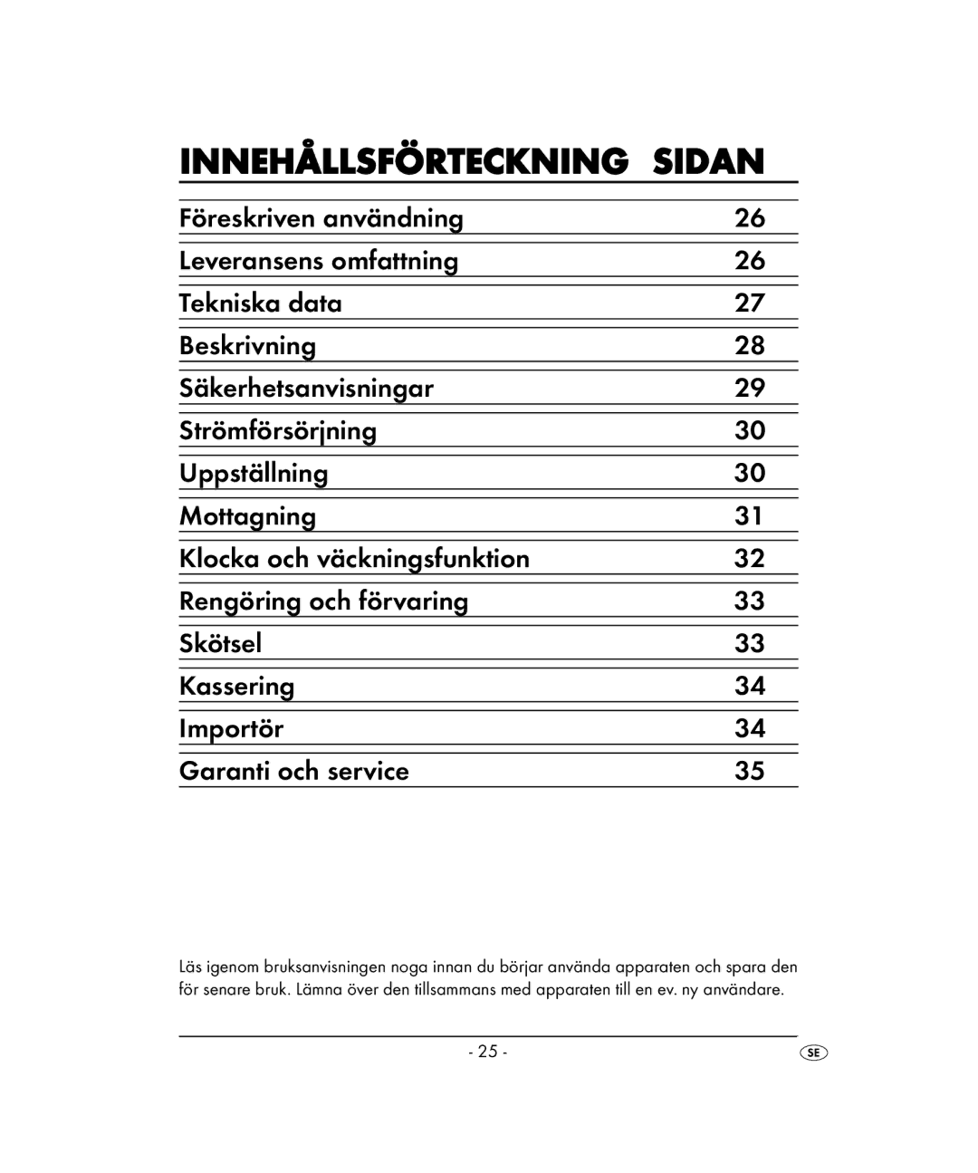 Kompernass KH 2022 manual Innehållsförteckning Sidan 