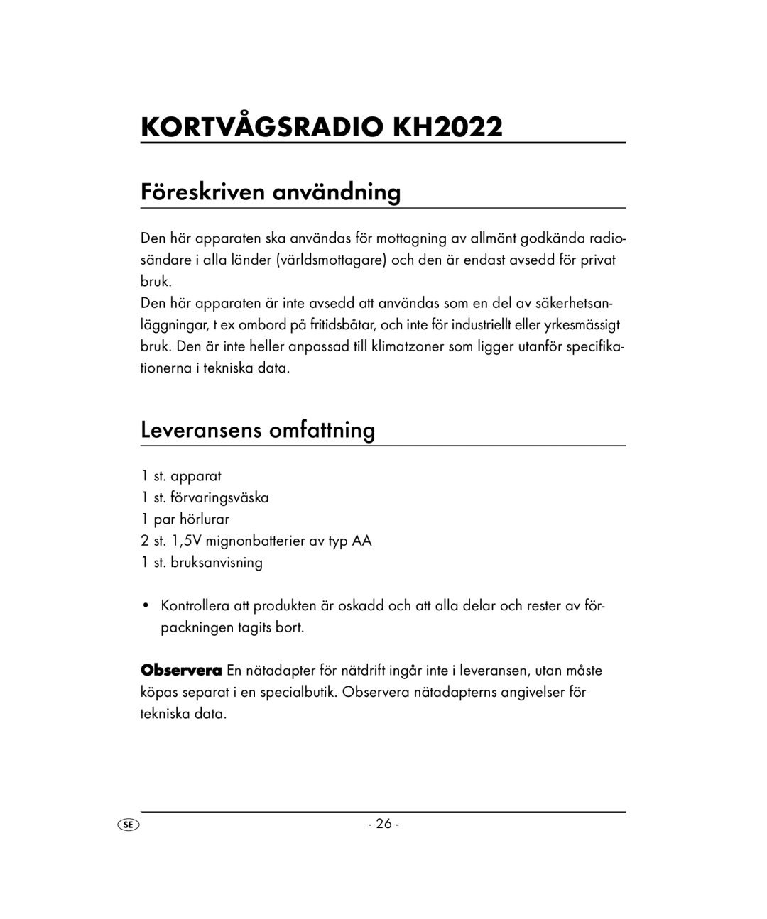 Kompernass KH 2022 manual Kortvågsradio KH2022, Föreskriven användning, Leveransens omfattning 