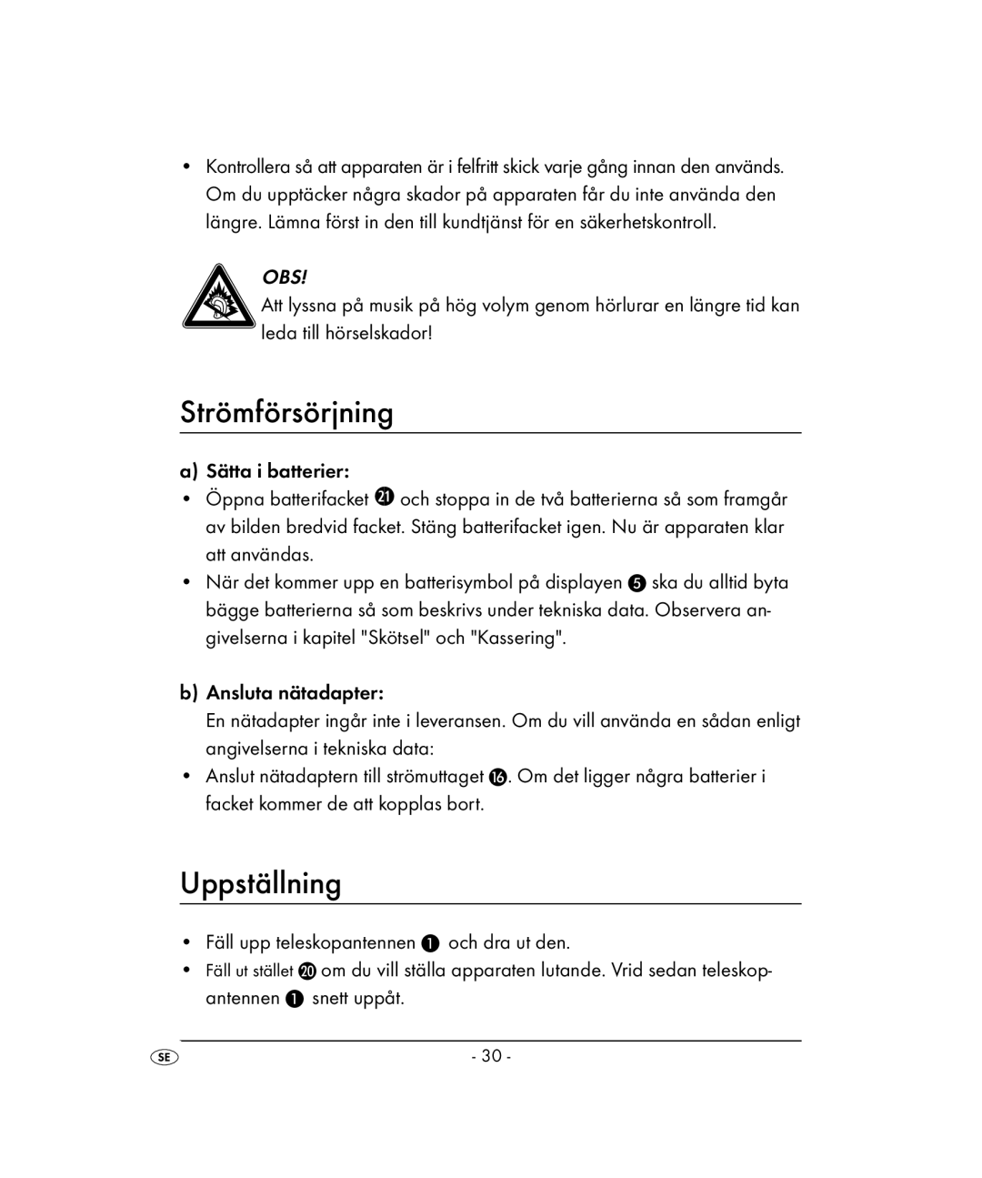 Kompernass KH 2022 manual Strömförsörjning, Uppställning, Antennen Snett uppåt 