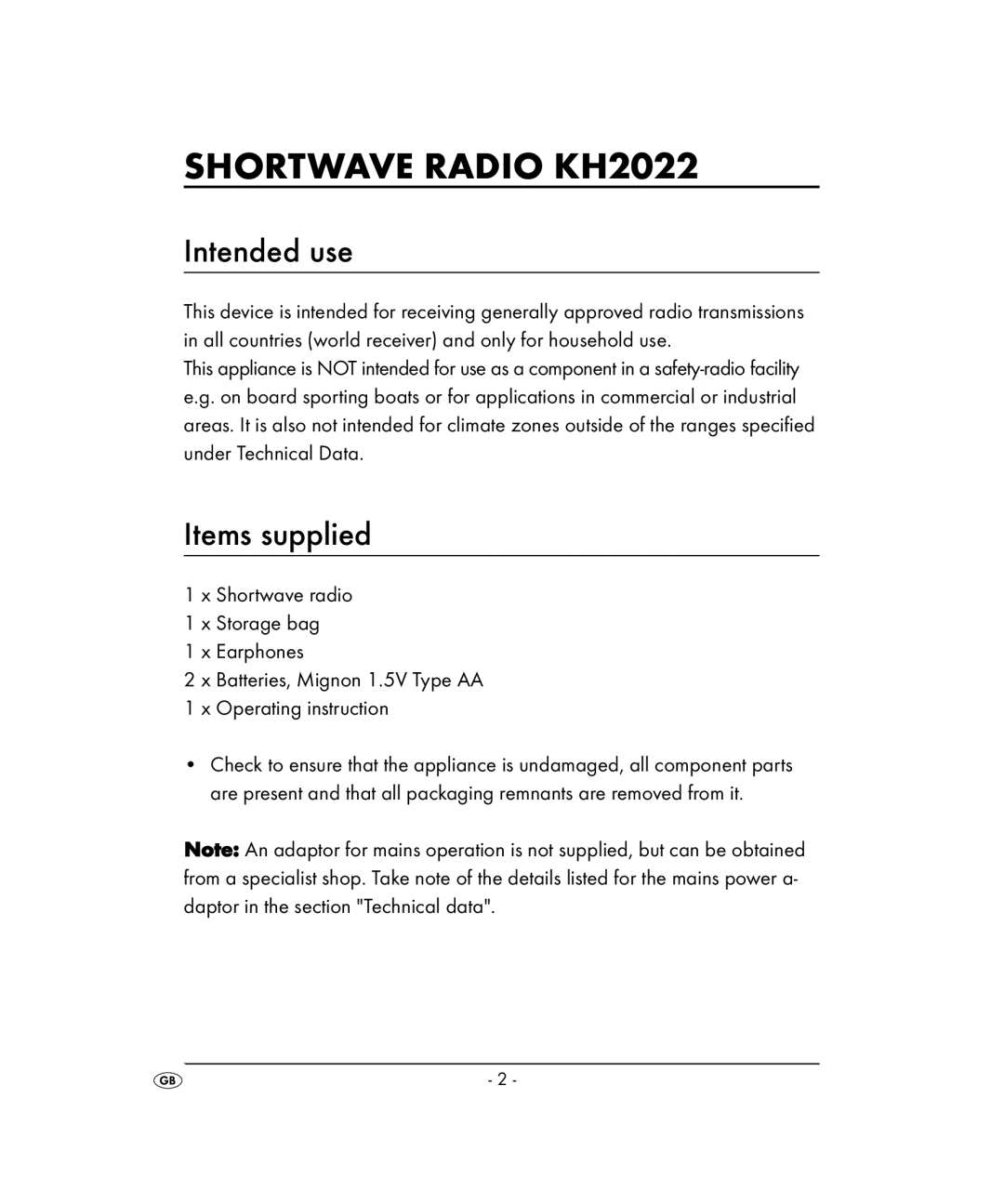 Kompernass KH 2022 manual Shortwave Radio KH2022, Intended use, Items supplied 