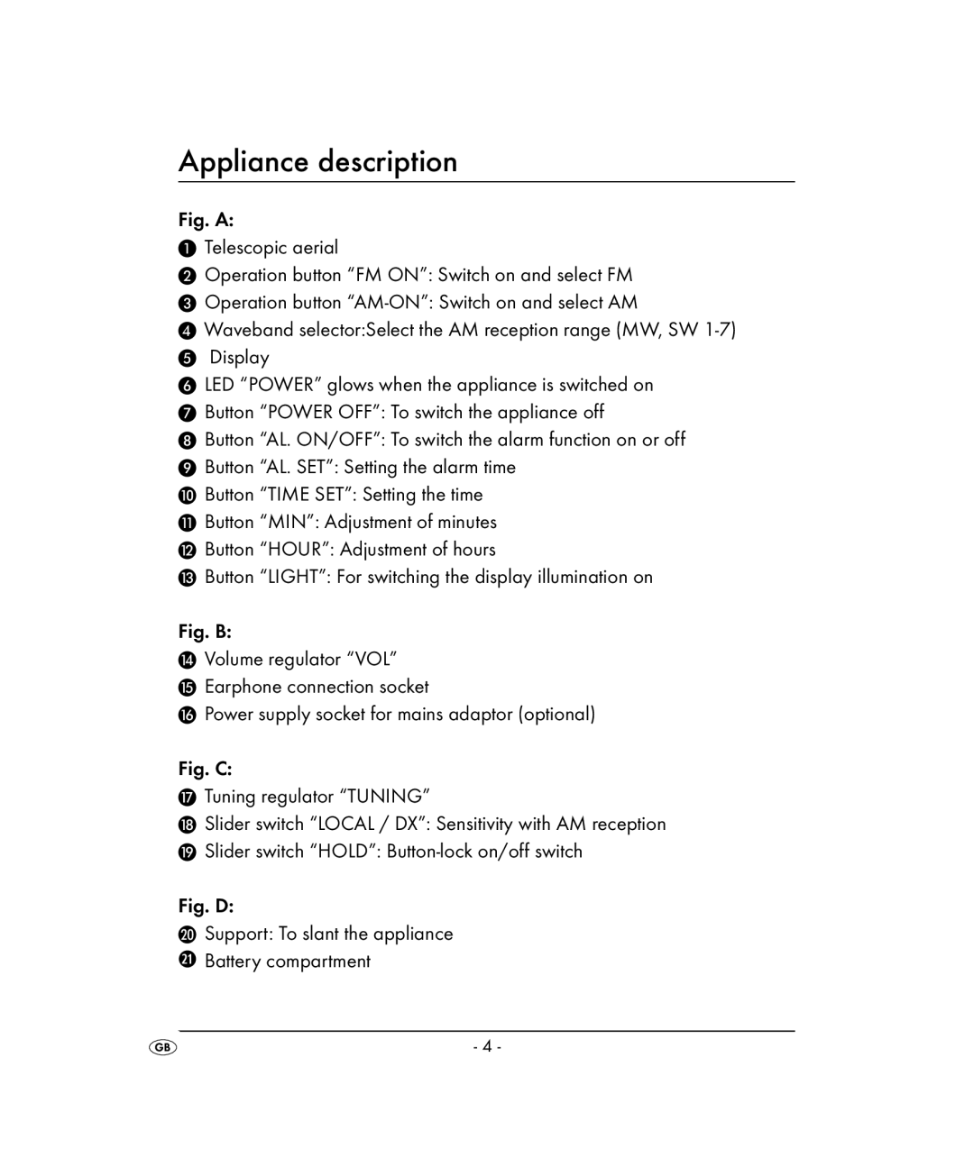 Kompernass KH 2022 manual Appliance description, Fig. D 